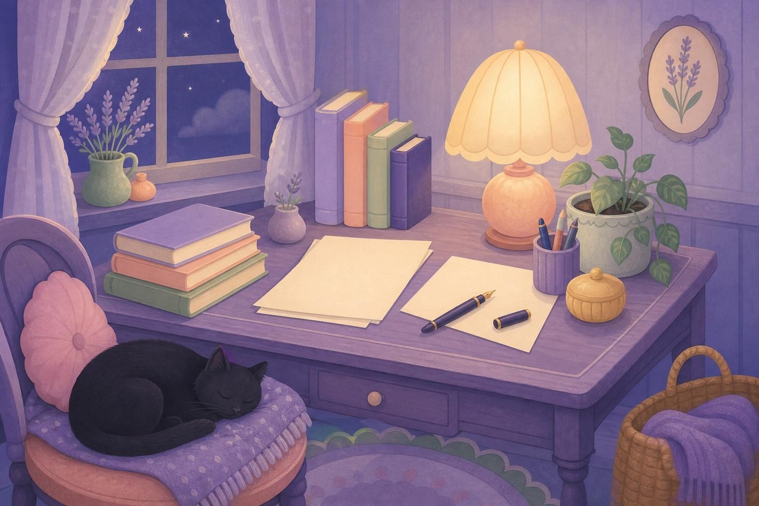 Mesa de escritura con papeles en blanco, pluma, libros y gato negro dormido en la silla (imagen generada con AI)