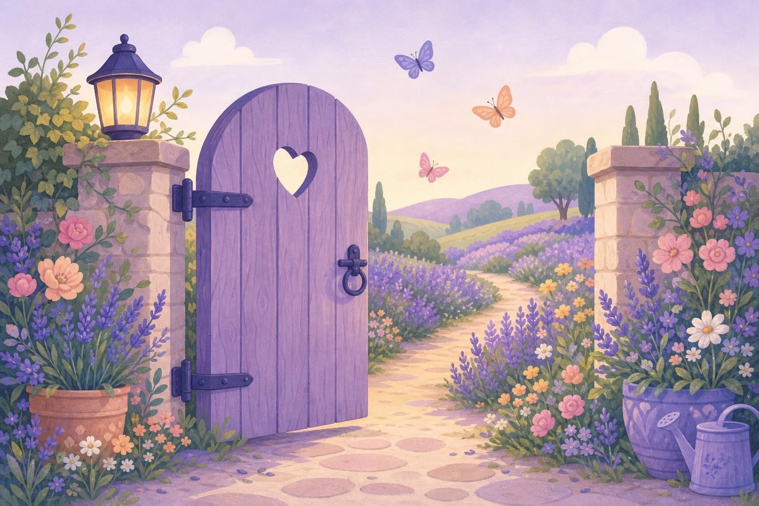 Cancela de jardín entreabierta que da a un sendero entre flores de lavanda bajo un cielo despejado (imagen generada con AI)
