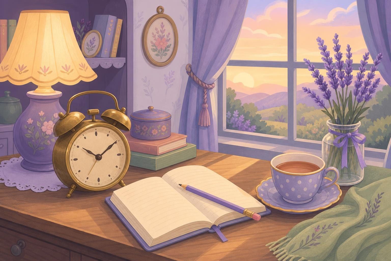 Despertador antiguo junto a un cuaderno abierto y una taza de té sobre un escritorio de madera, junto a una ventana al atardecer (imagen generada con AI)