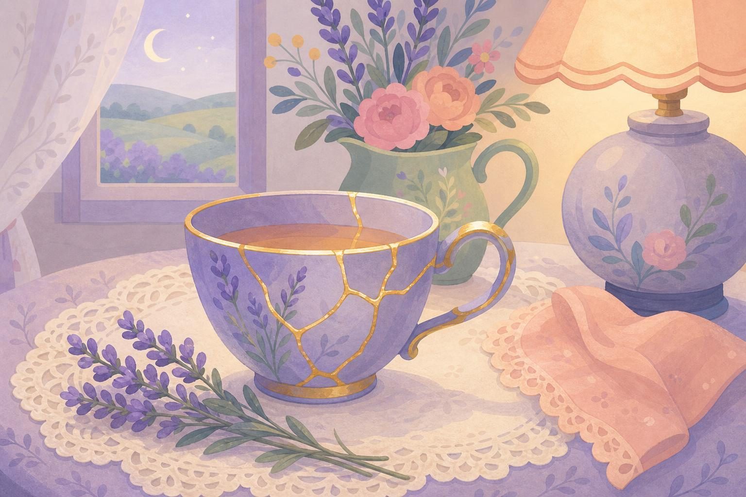 Taza de té agrietada y reparada con líneas doradas de kintsugi sobre un tapete de encaje (imagen generada con AI)