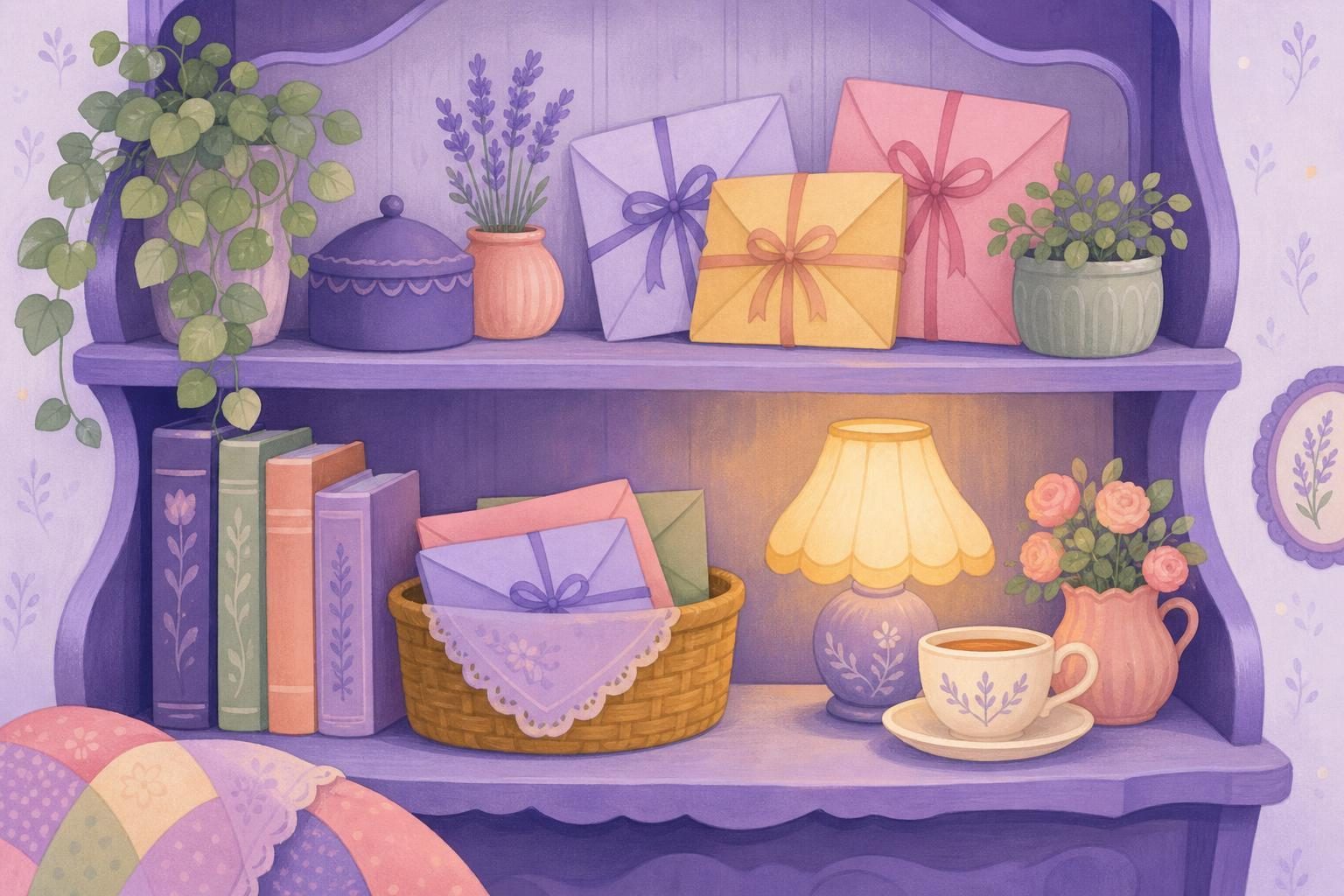 Estantería acogedora con sobres atados con cinta, plantas pequeñas y una taza de té (imagen generada con AI)