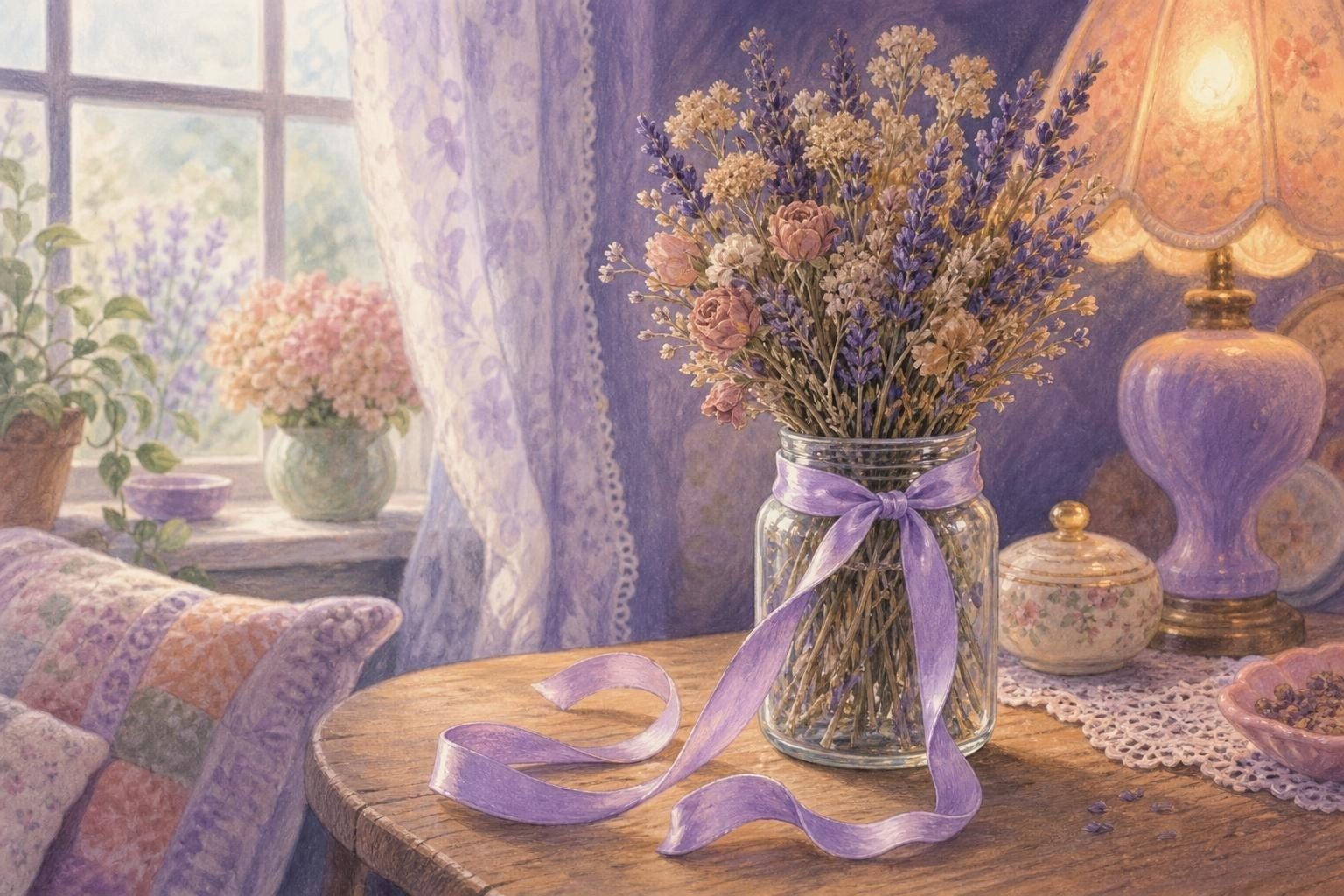 Cinta lavanda que se desata despacio de un tarro de cristal con flores secas sobre una mesa de madera junto a la ventana (imagen generada con AI)