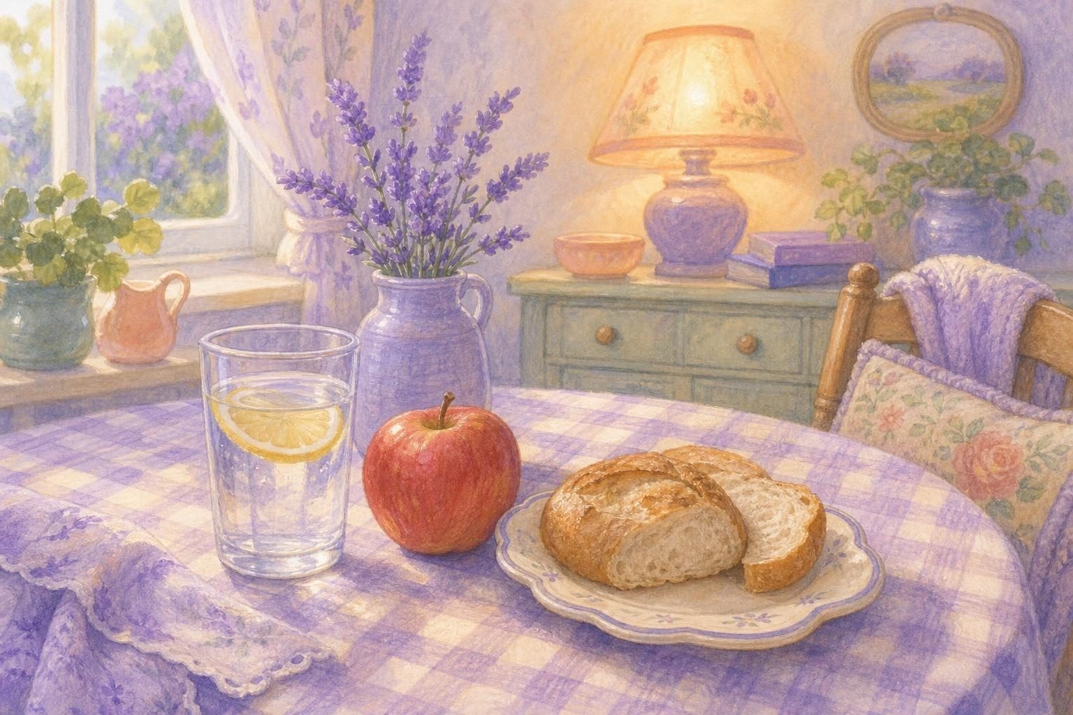 Vaso de agua fresca con una rodaja de limón, una manzana y un plato pequeño de pan sobre un mantel de cuadros a media mañana (imagen generada con AI)