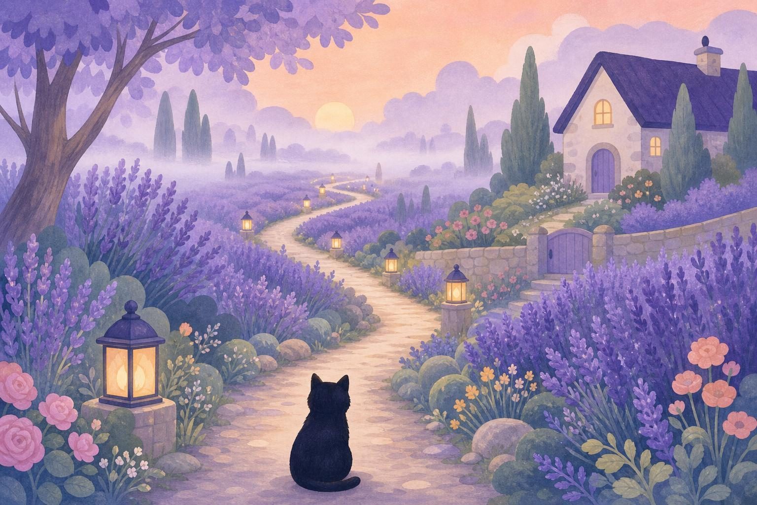 Camino de tierra que se pierde en la niebla de la mañana entre farolillos encendidos y un gato negro sentado al principio del sendero (imagen generada con AI)