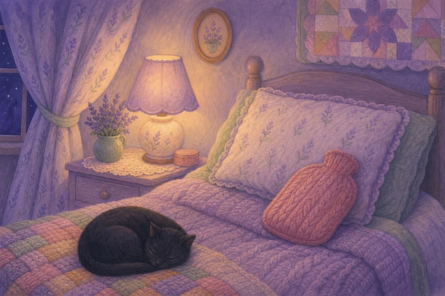 Almohada mullida sobre una cama con colcha de punto, una bolsa de agua templada y un gato negro dormido a los pies, bajo la luz suave de una lámpara (imagen generada con AI)