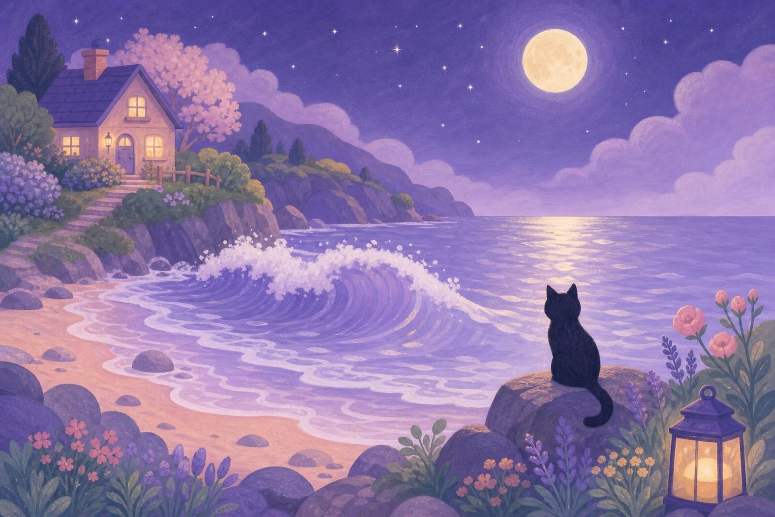 Ola grande rompiendo en una playa a la luz de la luna y un gatito negro mirando el agua desde una roca seca (imagen generada con AI)