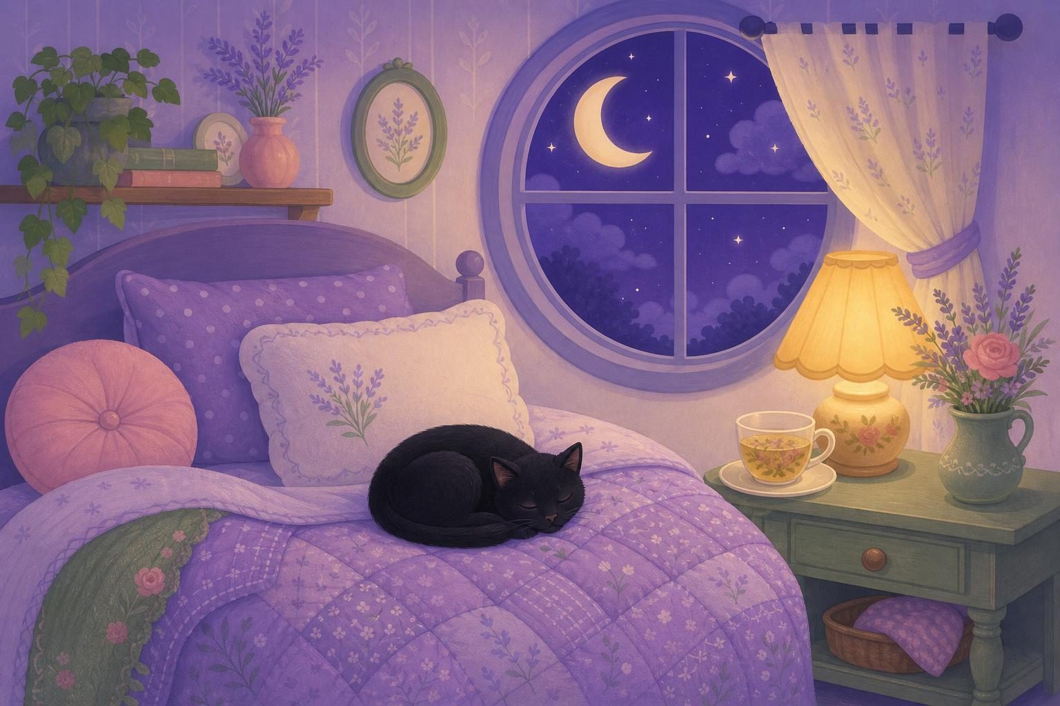 Pequeño gato negro dormido y enroscado bajo una luna grande en un cielo nocturno (imagen generada con AI)