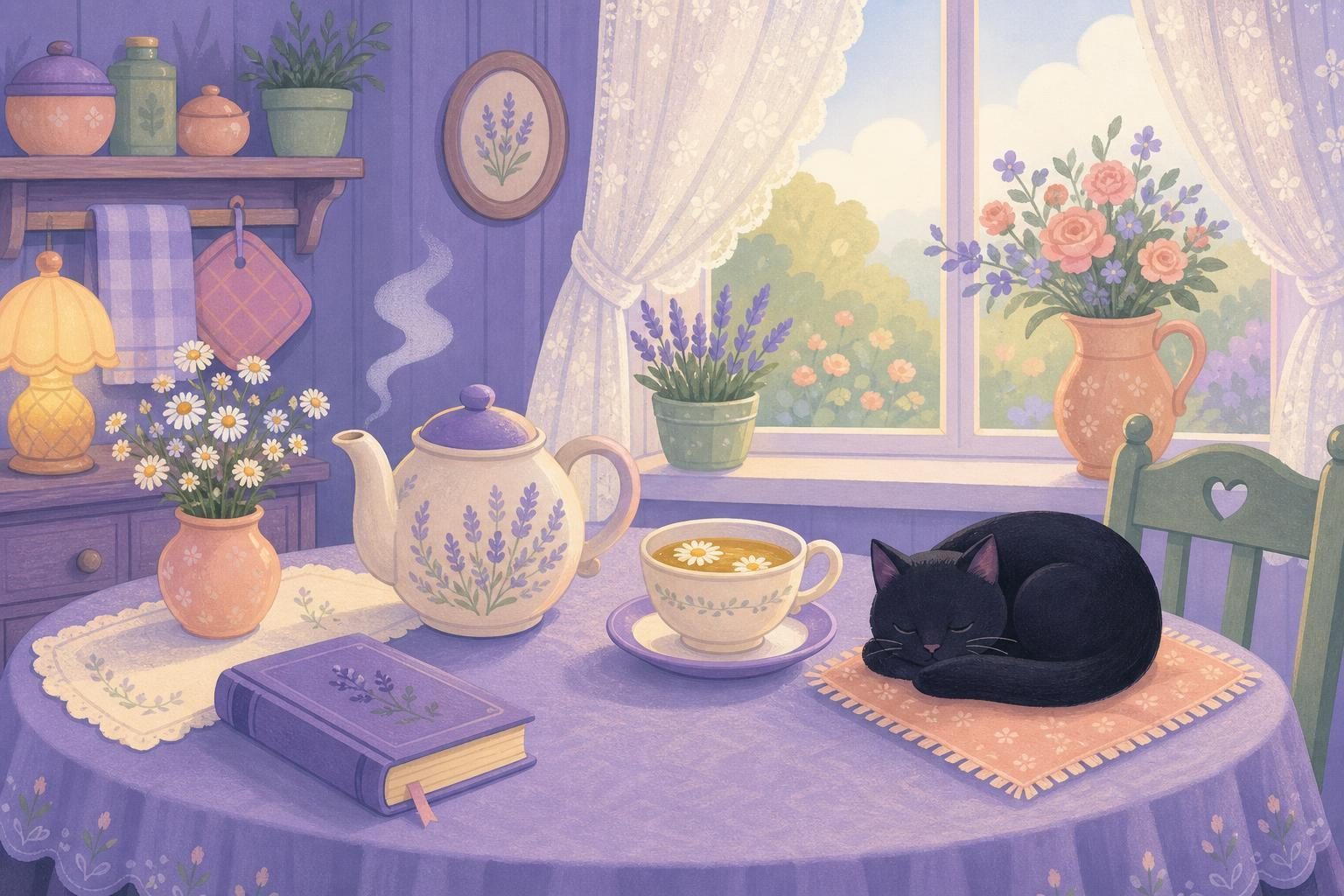 Mesa de cocina con una tetera humeante, una taza de manzanilla y un gato negro dormido junto a la ventana (imagen generada con AI)