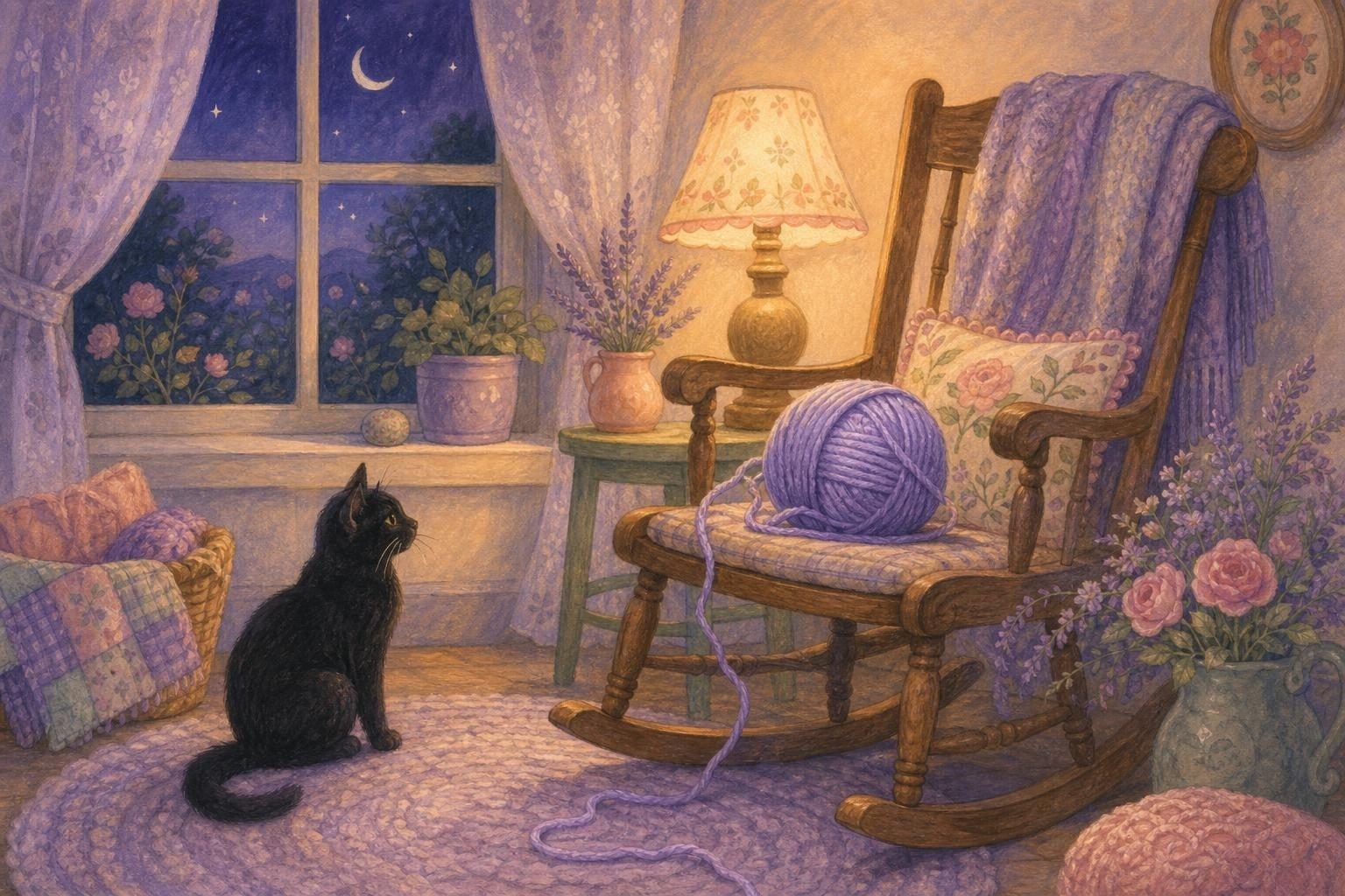 Ovillo de lana lavanda medio deshecho sobre una mecedora junto a la ventana, con un gato negro mirándolo tranquilo bajo la luz de una lámpara (imagen generada con AI)