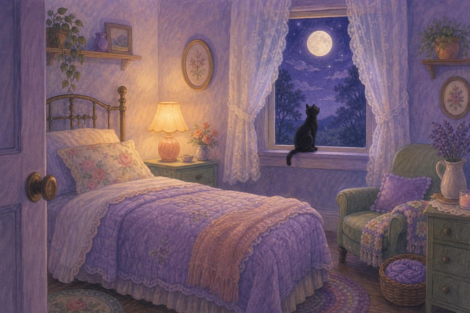 Dormitorio en calma por la noche con una lámpara encendida junto a la cama y un gato negro sentado en el alféizar mirando la luna (imagen generada con AI)