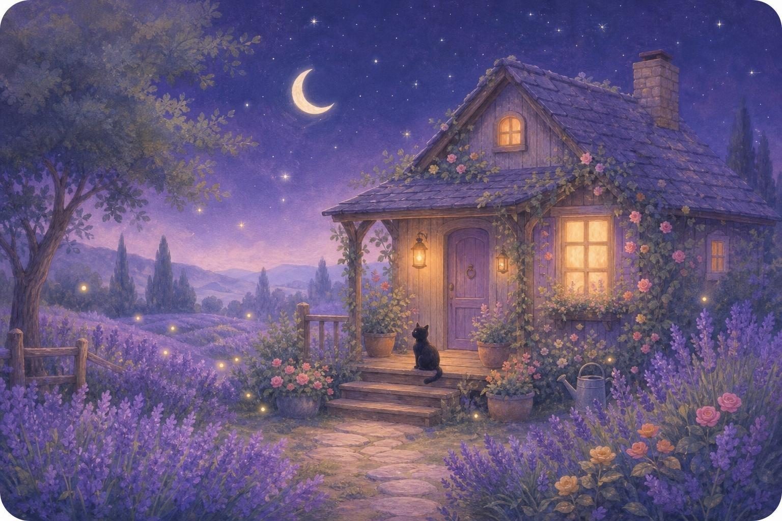 Casita de madera de noche entre campos de lavanda, con las ventanas iluminadas, luna creciente, luciérnagas y un gato negro sentado tranquilo en el porche (imagen generada con AI)