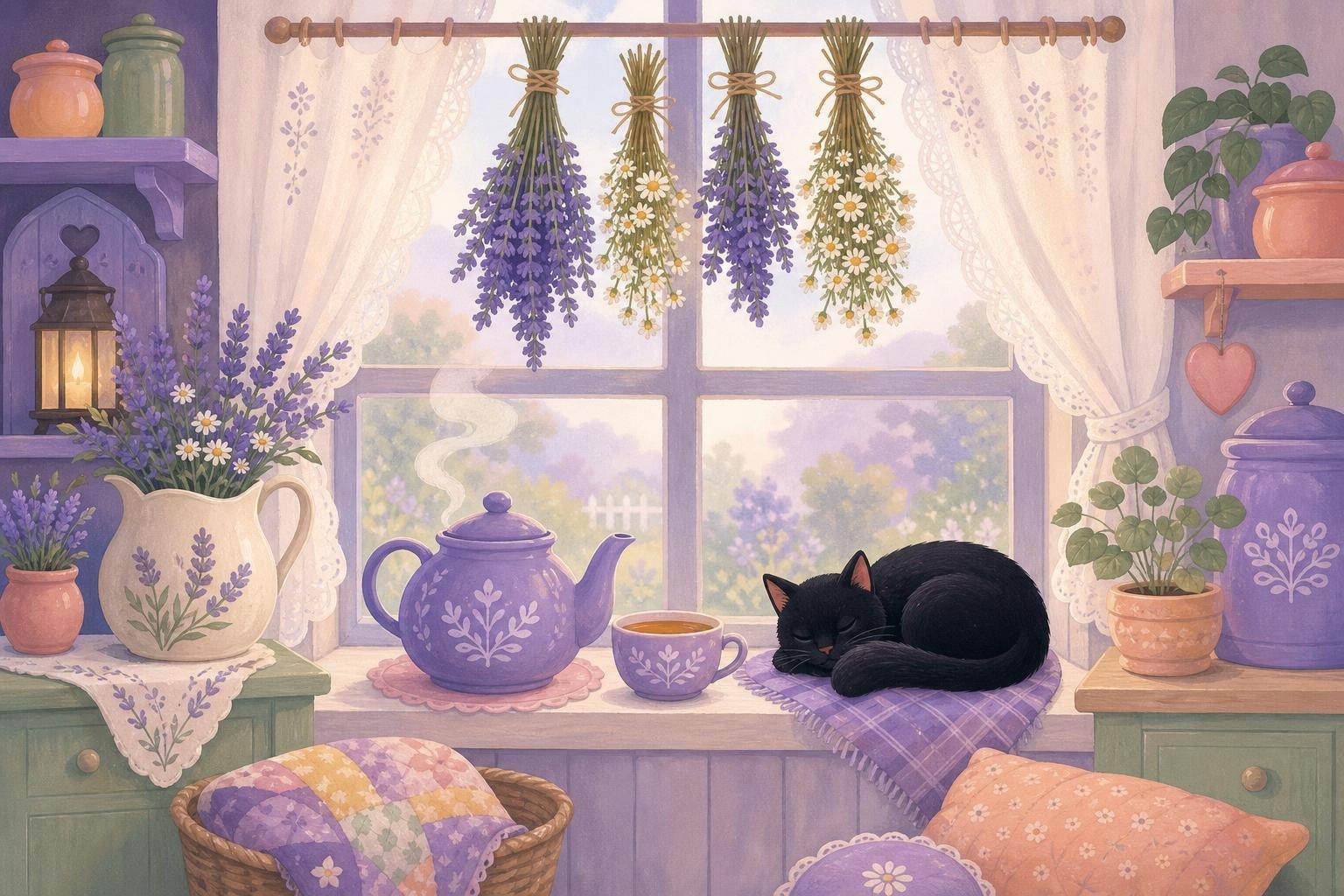 Ventana de cocina con ramilletes de lavanda y manzanilla secándose, una tetera humeante y un gato negro en el alféizar (imagen generada con AI)