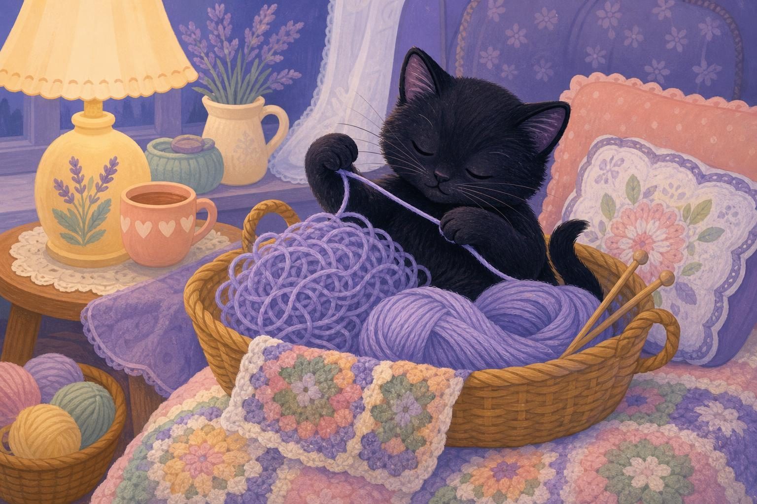 Gatito negro deshaciendo con las patas un ovillo enredado de lana lavanda (imagen generada con AI)