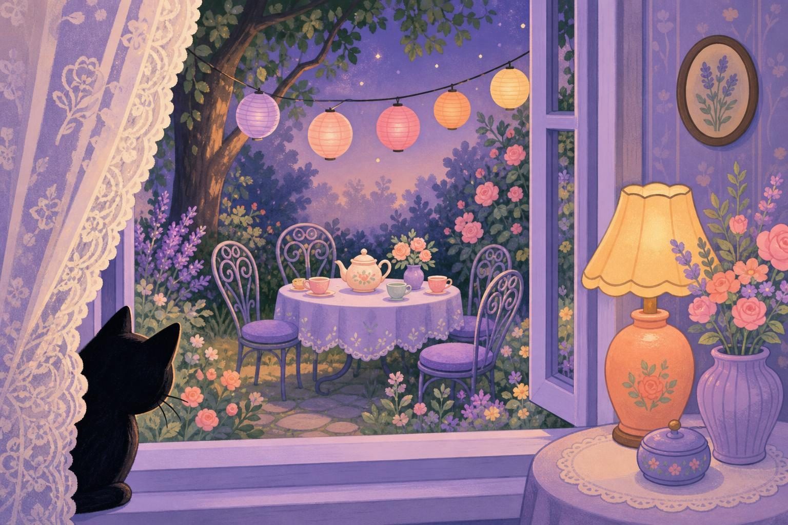 Gatito negro asomado tras una cortina de encaje mirando una mesa de té en el jardín con tazas, farolillos y sillas vacías (imagen generada con AI)