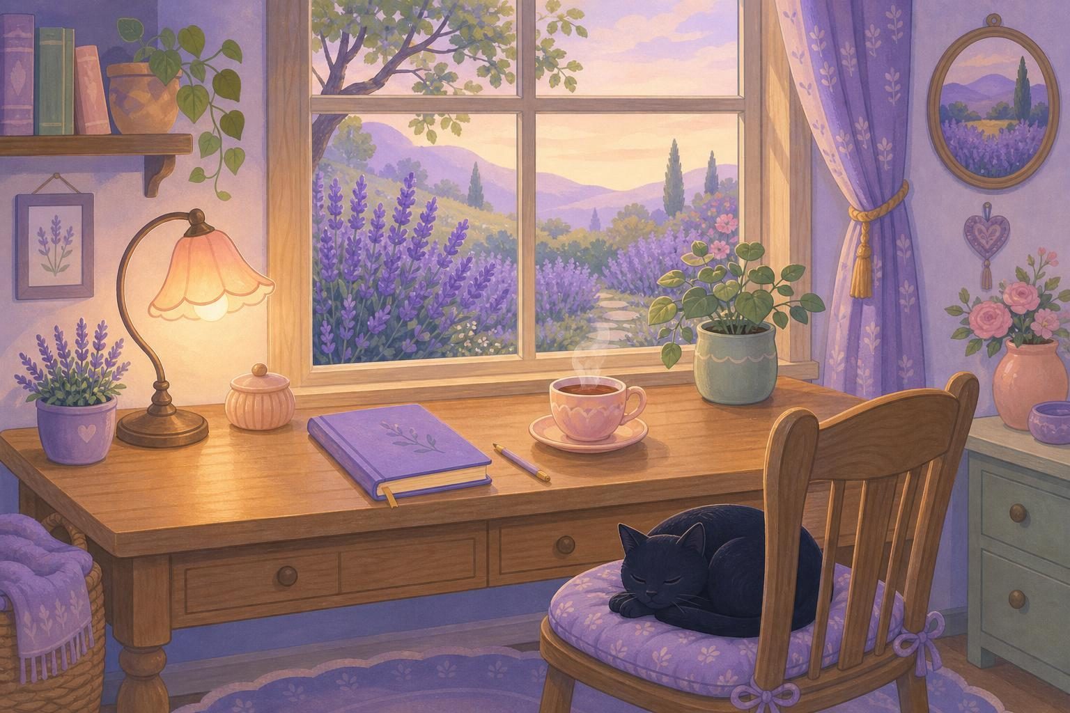 Escritorio de madera junto a una ventana con una taza humeante, un cuaderno cerrado y un gato negro dormido sobre un cojín (imagen generada con AI)