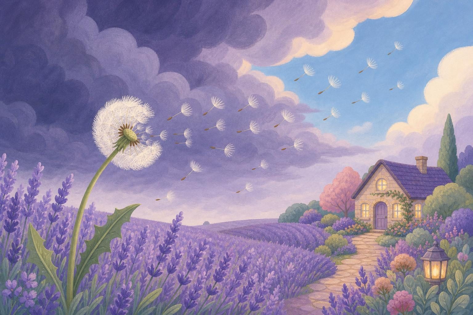Diente de león en un campo de lavanda soltando sus semillas al viento bajo nubes de tormenta que se abren (imagen generada con AI)