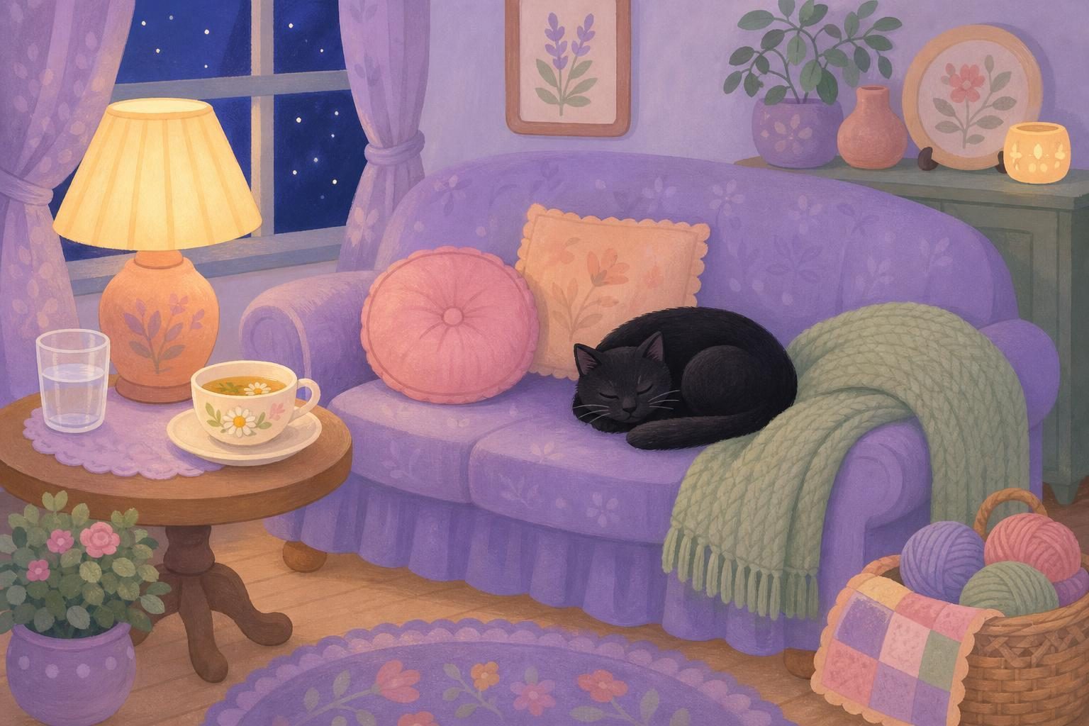 Sofá lavanda con una manta de punto verde, un vaso de agua y una taza de infusión, y un gato negro dormido (imagen generada con AI)