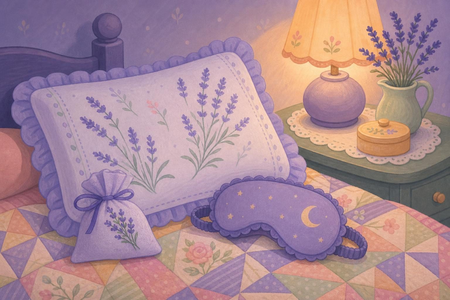 Almohada con una bolsita de lavanda y un antifaz sobre una colcha, lámpara tenue (imagen generada con AI)