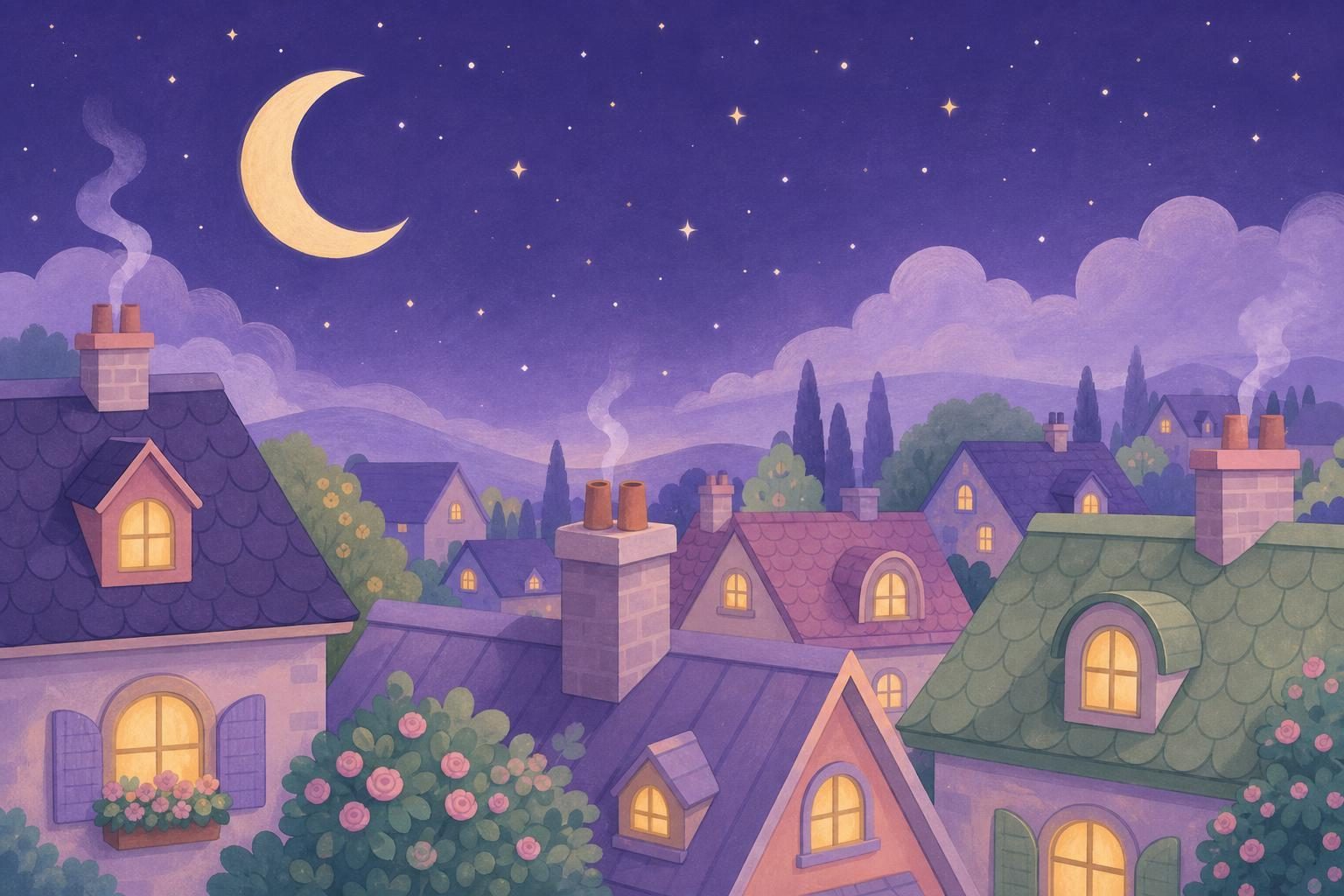 Luna creciente sobre tejados dormidos con algunas ventanas iluminadas de luz cálida (imagen generada con AI)