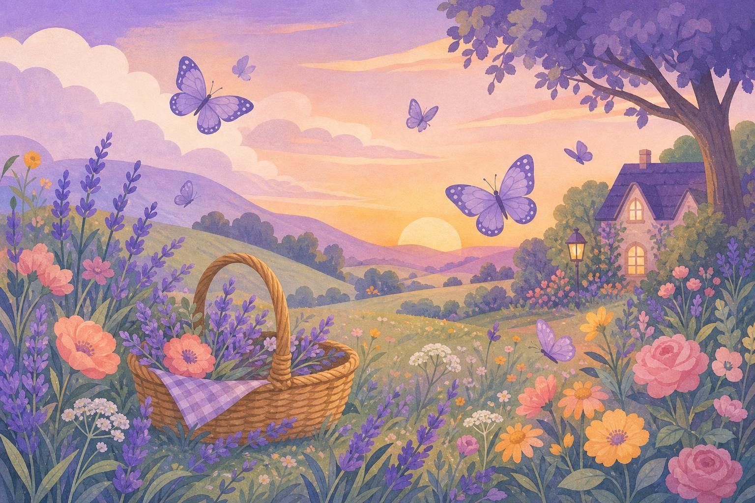 Mariposas lavanda volando sobre un campo de flores al atardecer, con una cesta de mimbre en la hierba (imagen generada con AI)