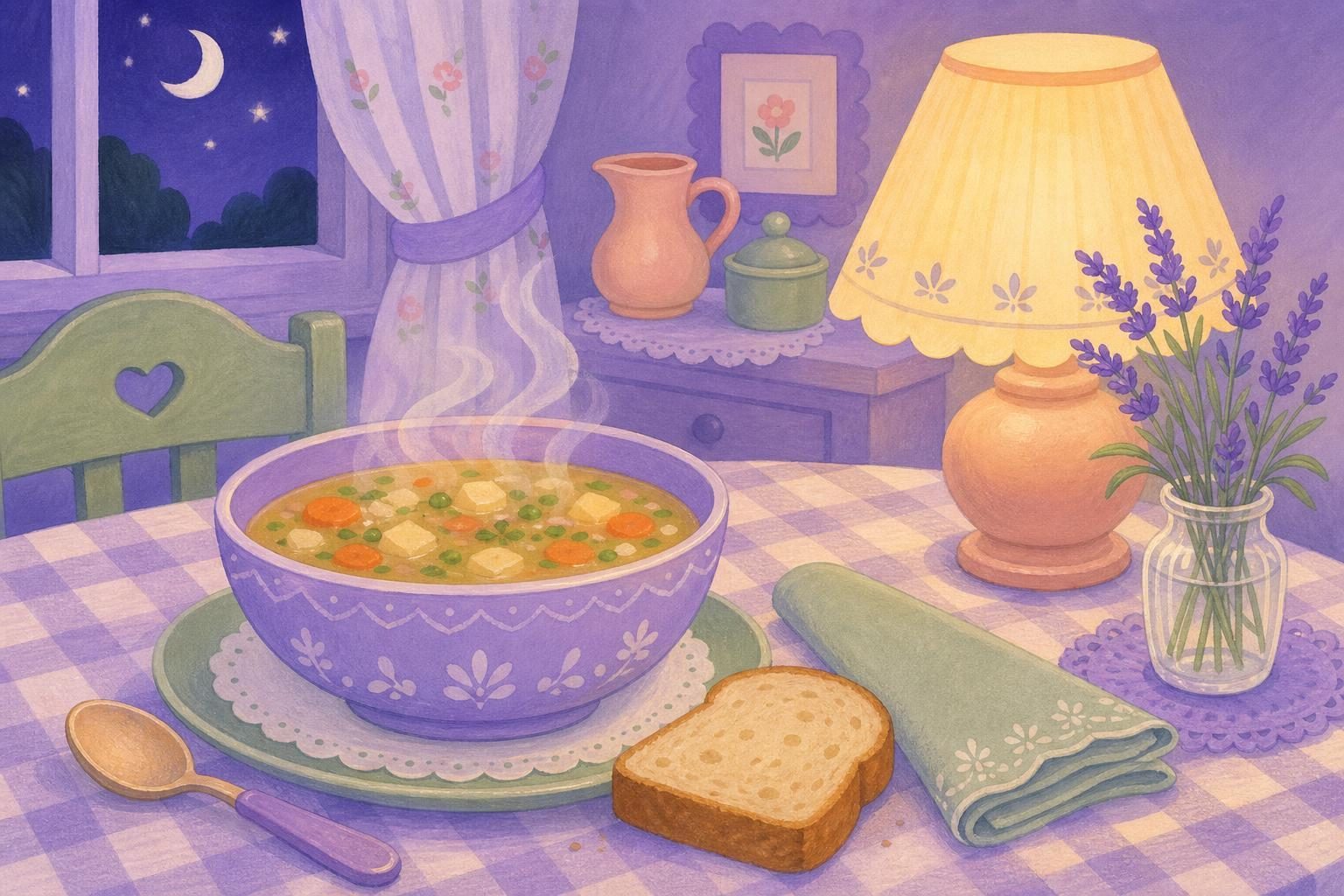 Cuenco de sopa casera humeante sobre un mantel de cuadros, con pan, una servilleta doblada y lavanda en un vaso (imagen generada con AI)