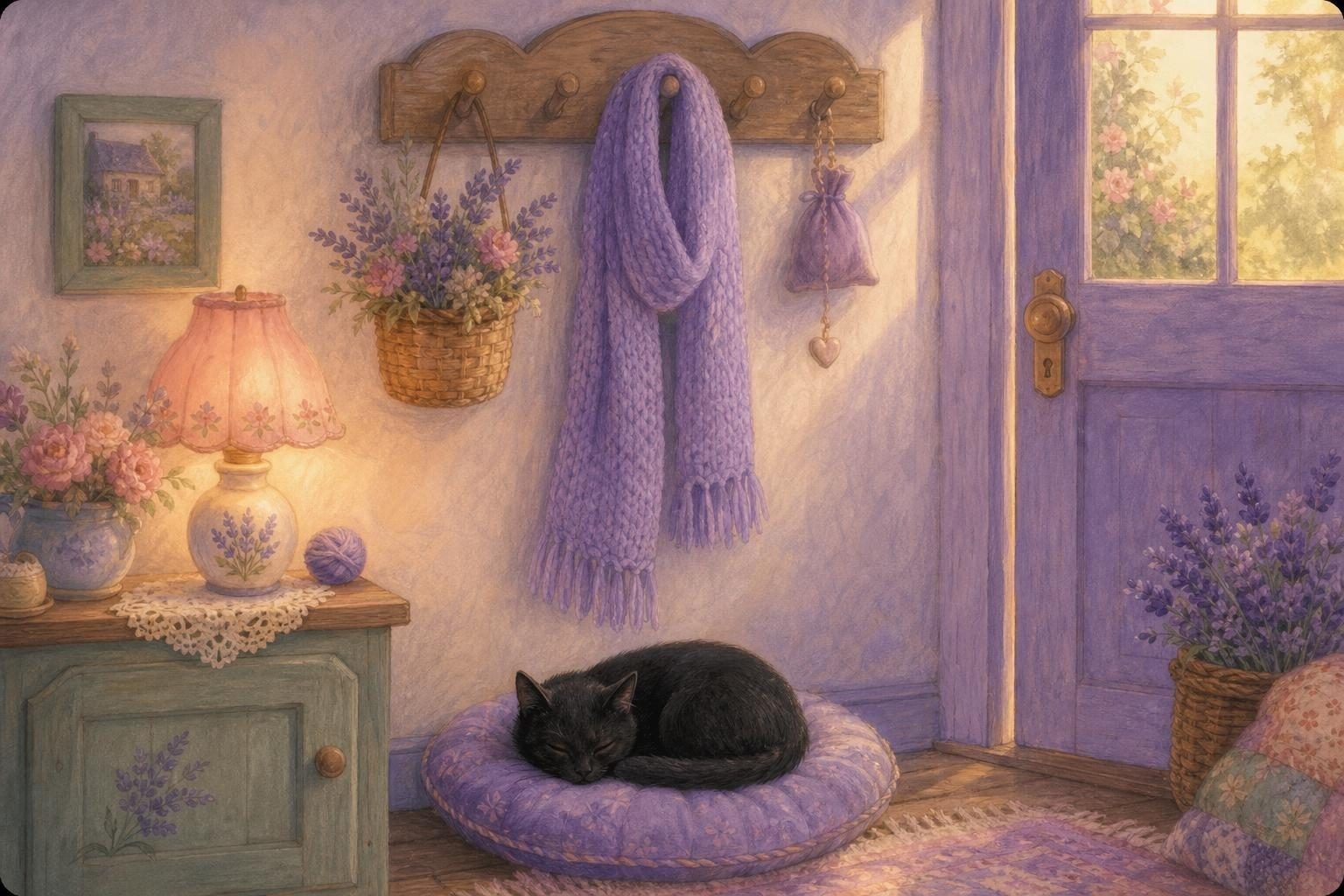 Bufanda de punto lavanda colgada suelta de una percha de madera junto a la puerta, con un gato negro dormido en un cojín debajo (imagen generada con AI)