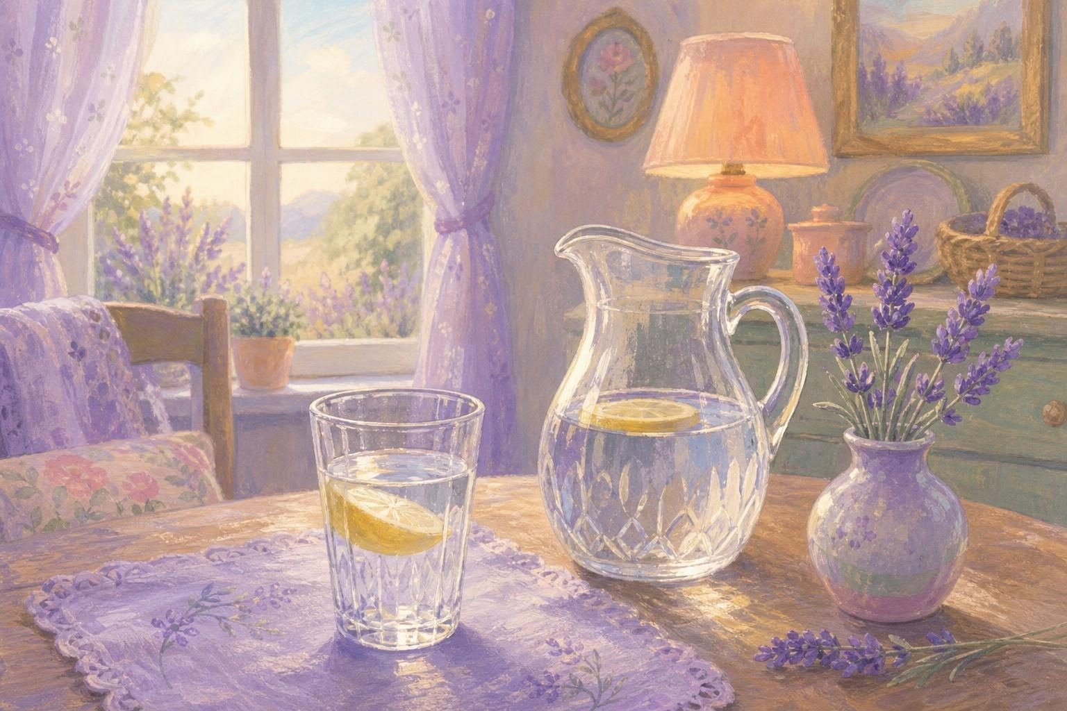 Vaso de agua fresca con una rodaja de limón sobre una mesa de madera, junto a una jarra de cristal y una ramita de lavanda en la luz de la mañana (imagen generada con AI)