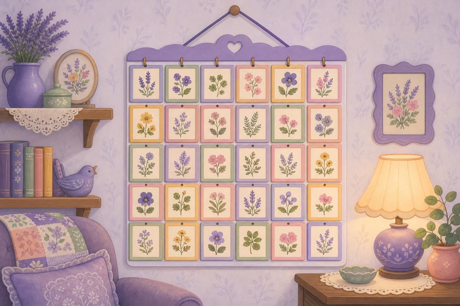 Calendario de pared hecho con flores prensadas enmarcadas, sin números ni fechas (imagen generada con AI)