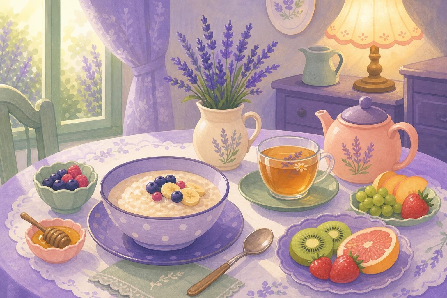Mesa de desayuno con gachas de avena, fruta, infusión y un jarrón con lavanda (imagen generada con AI)