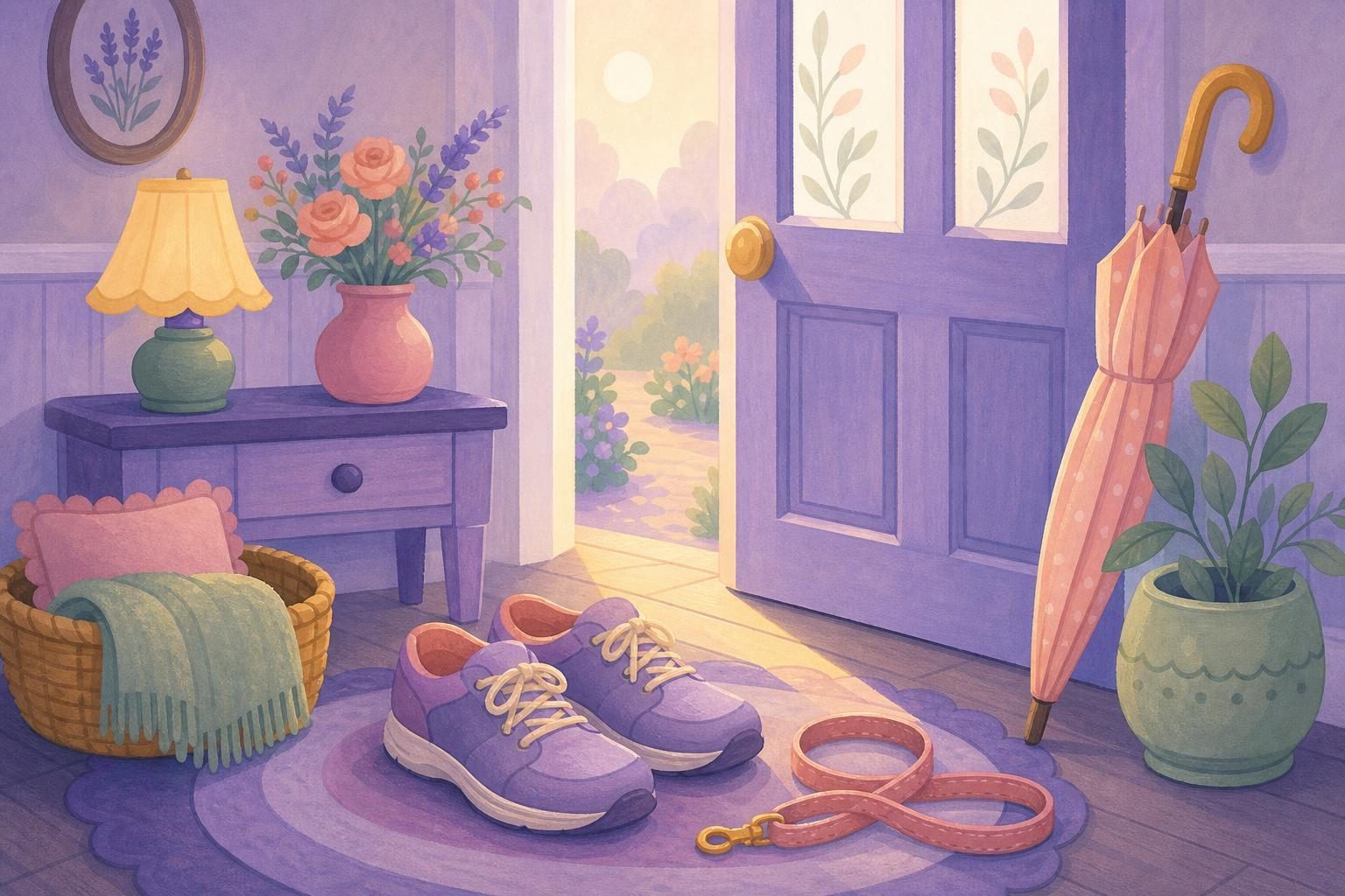 Zapatillas de caminar junto a la puerta de casa, con correa y paraguas, luz de mañana (imagen generada con AI)