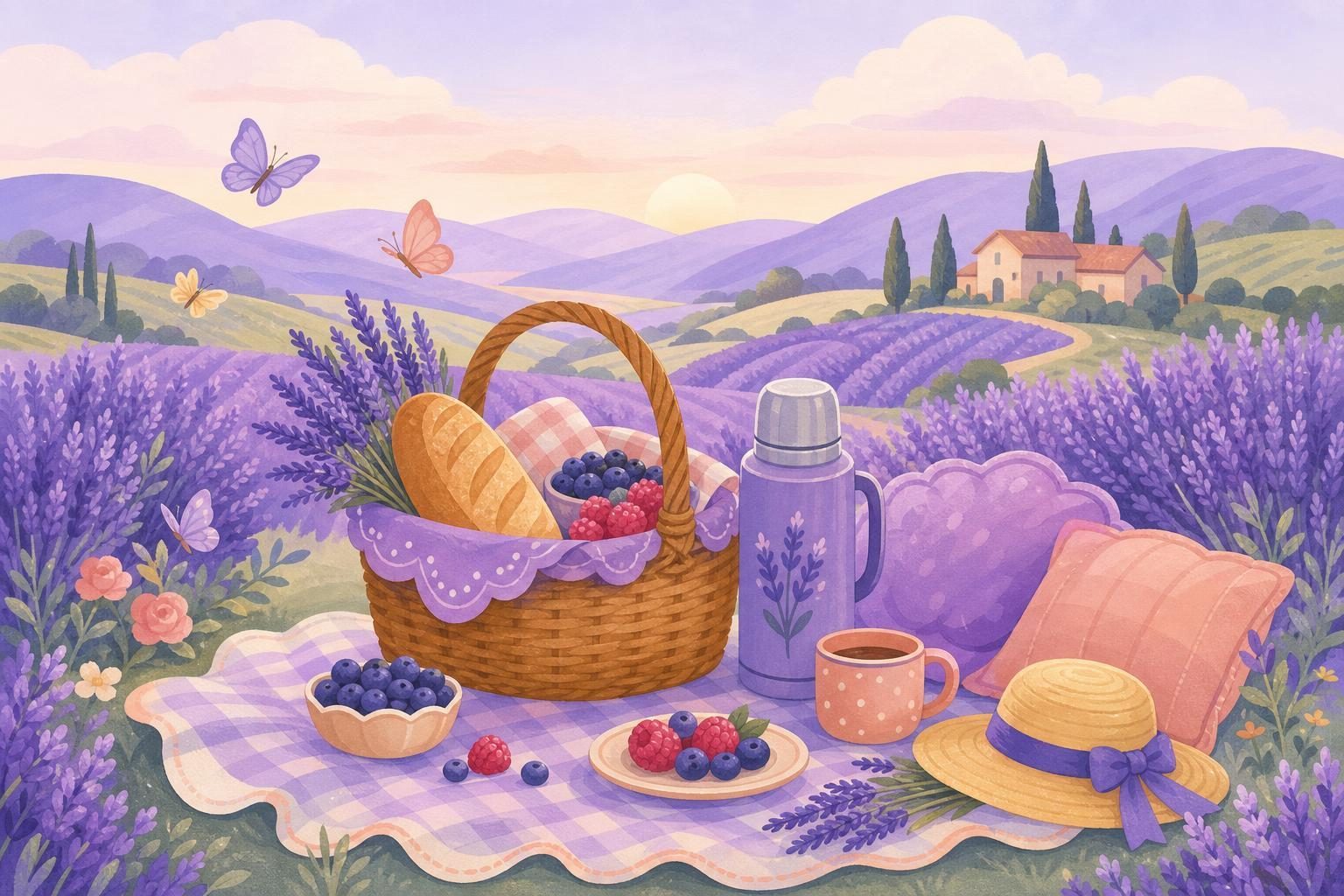 Cesta de mimbre con fruta, un termo y una manta de cuadros sobre la hierba (imagen generada con AI)