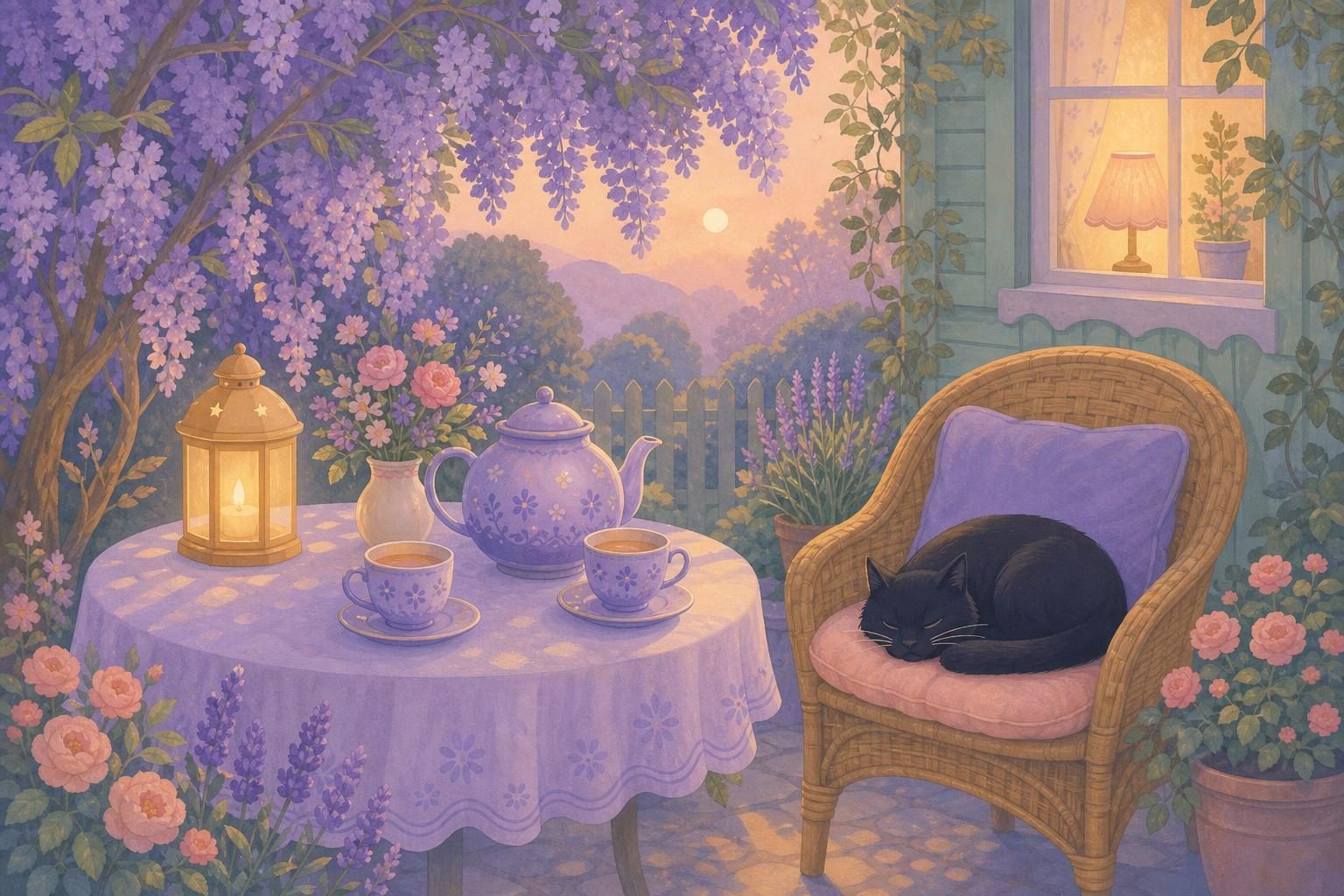 Tetera de cerámica lavanda humeando sobre una mesa de jardín entre flores y tazas (imagen generada con AI)