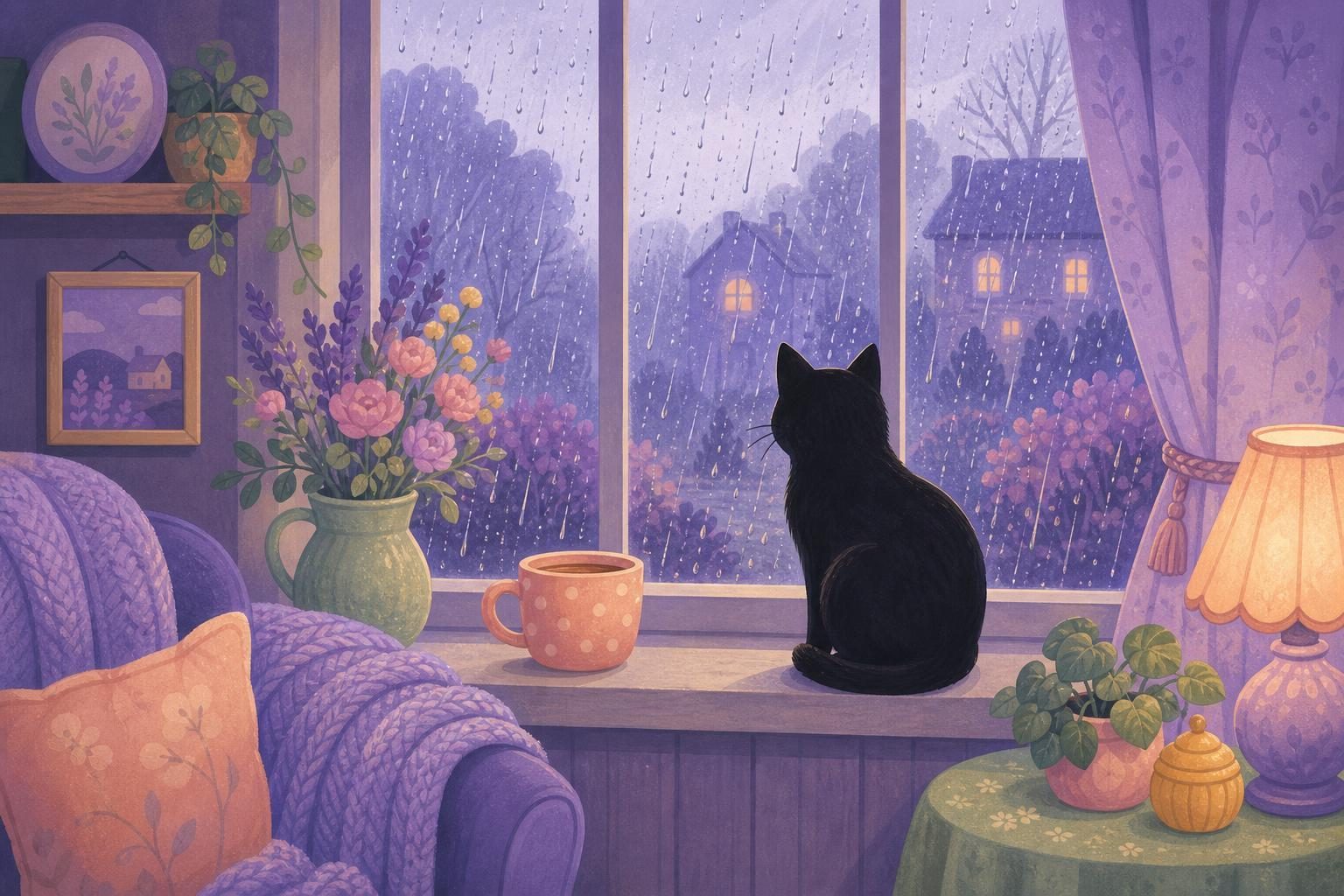 Ventana con gotas de lluvia, una manta doblada y un libro abierto junto al cristal (imagen generada con AI)