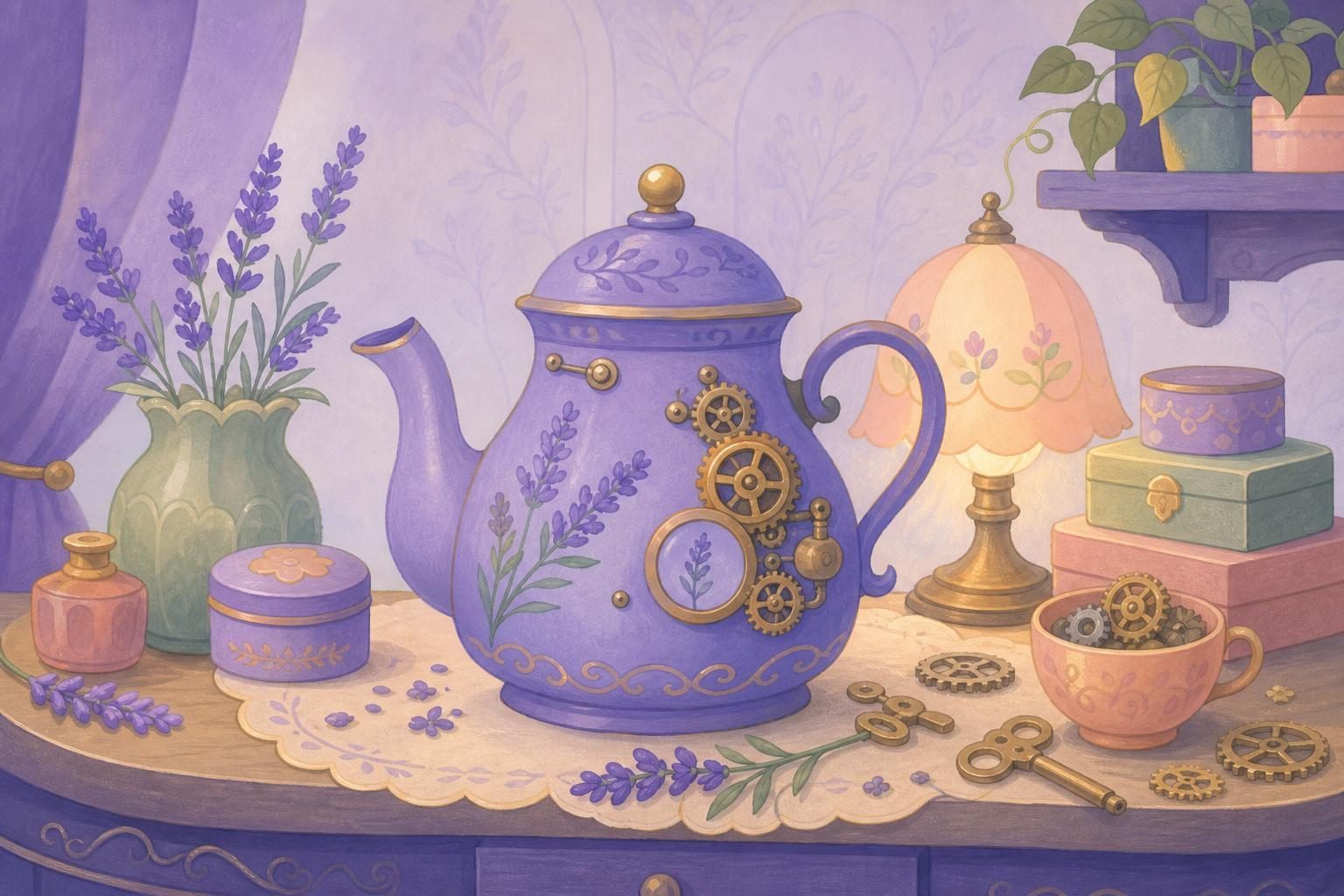 Tetera fantasiosa con engranajes de latón y una ramita de lavanda sobre un banco de trabajo (imagen generada con AI)