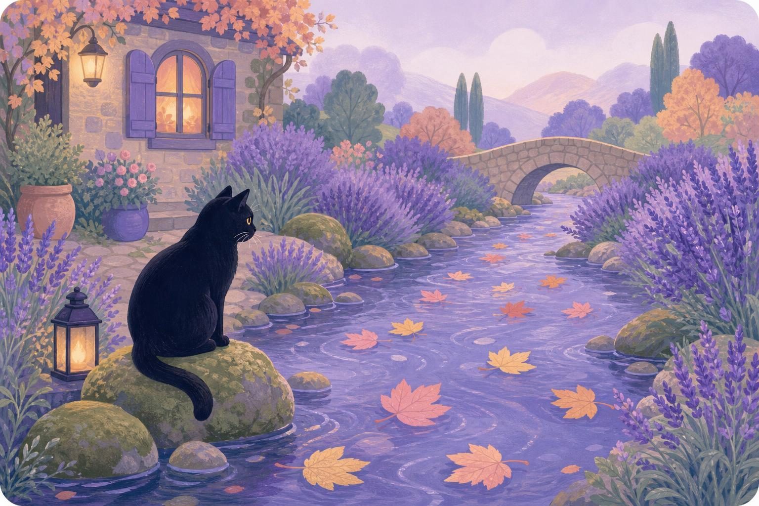 Hojas de otoño flotando río abajo en un arroyo entre lavandas, con un gato negro sentado tranquilo en la orilla (imagen generada con AI)
