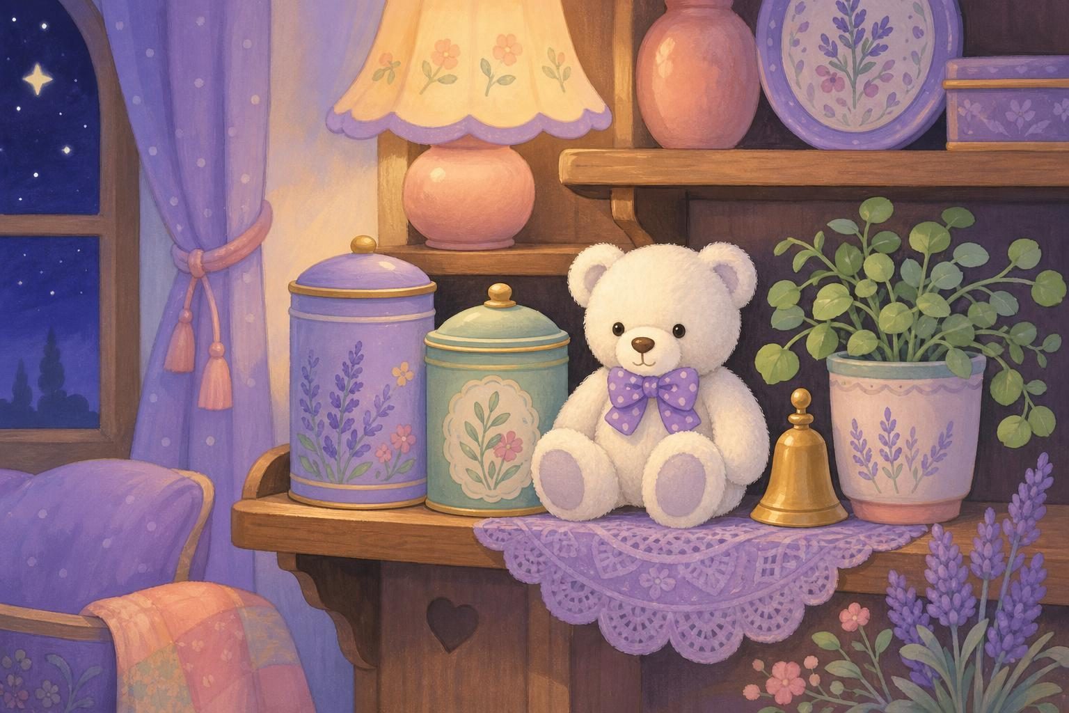 Osito de peluche blanco sentado en una estantería entre tarros de té y una planta, junto a una campanita de latón (imagen generada con AI)