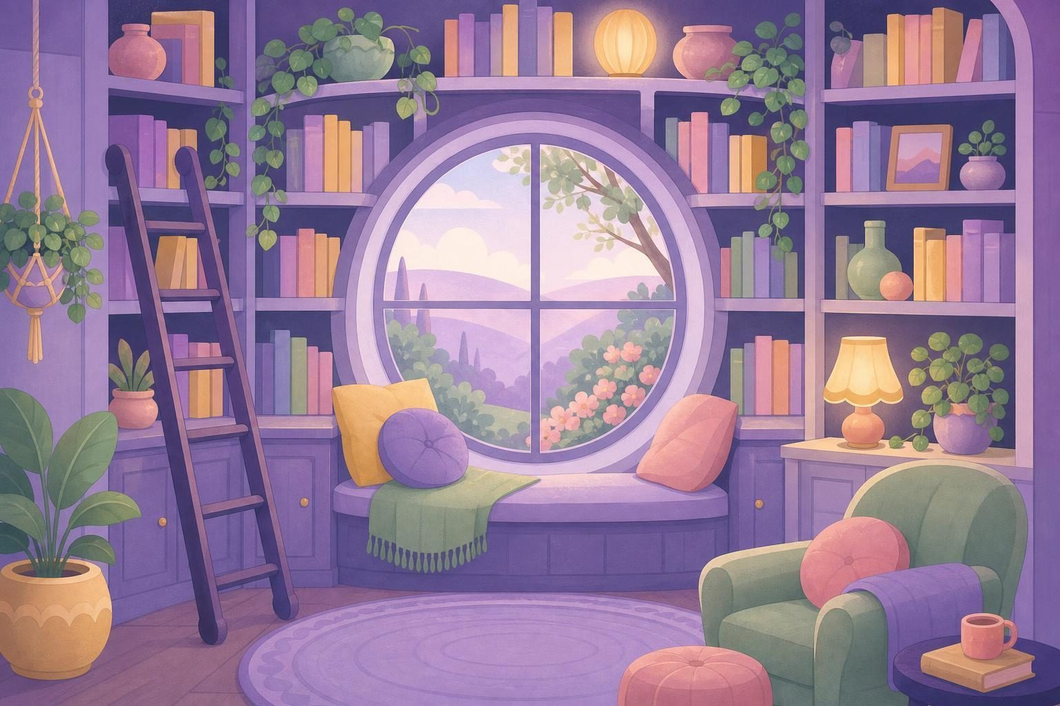 Estanterías llenas de libros alrededor de una ventana redonda, con una escalera de madera y plantas (imagen generada con AI)
