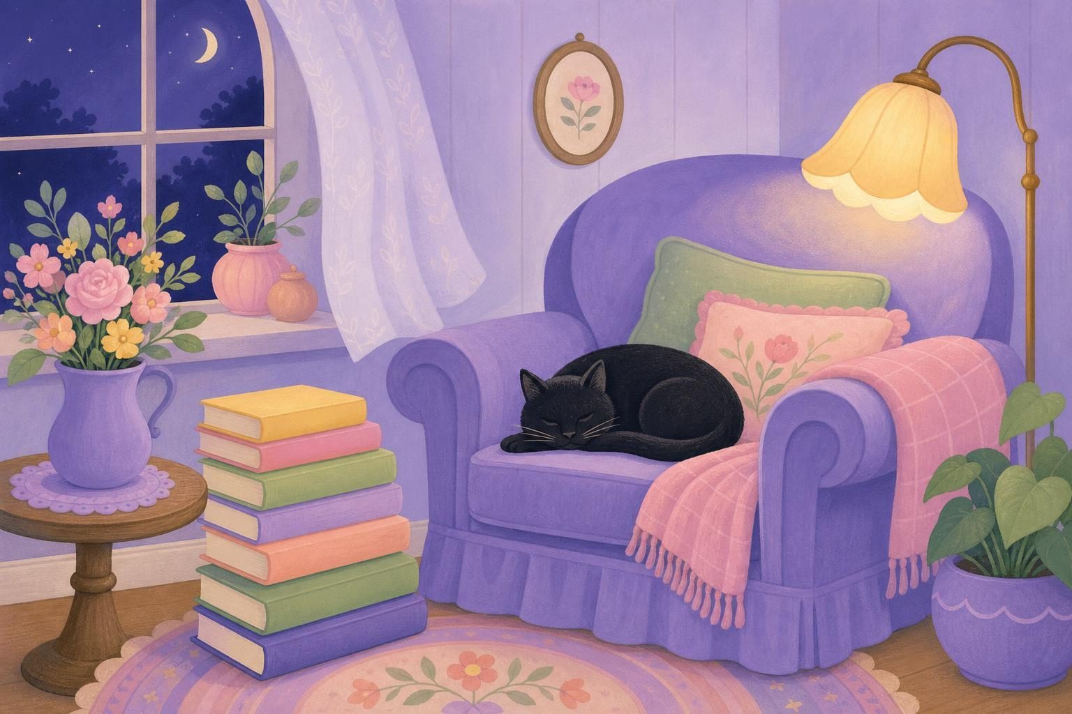 Rincón de lectura con sillón lavanda, libros de lomos lisos, lámpara y gato negro (imagen generada con AI)