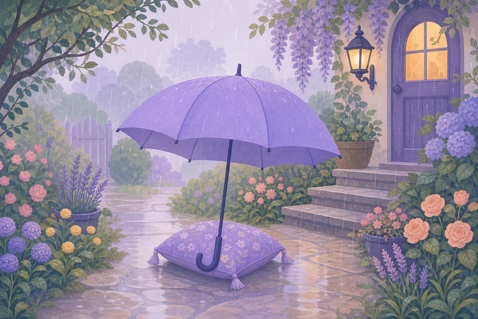 Paraguas lavanda abierto bajo una lluvia fina que mantiene seco un cojín en el suelo (imagen generada con AI)