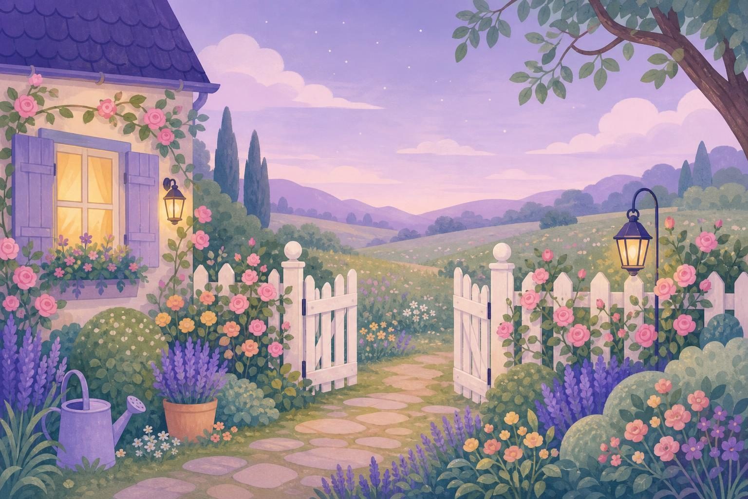 Valla blanca baja de madera con rosas trepadoras y la puerta del jardín entreabierta (imagen generada con AI)