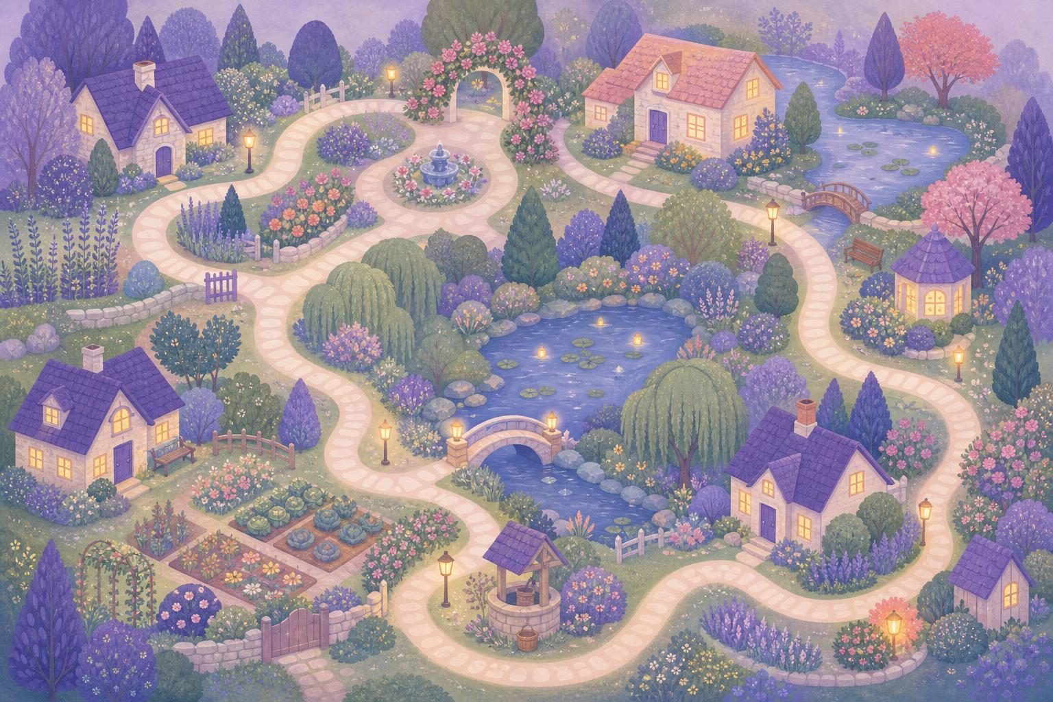 Sendero sinuoso visto desde arriba entre huertos, casitas y estanques, como un mapa ilustrado sin rótulos (imagen generada con AI)