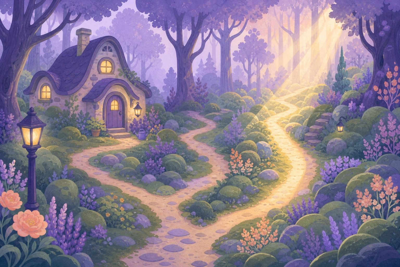 Muchos senderos estrechos entre musgo en un bosque, uno iluminado por rayos de sol (imagen generada con AI)