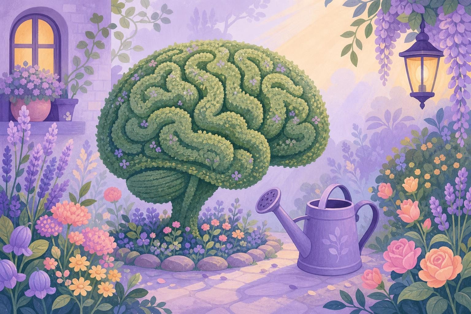 Seto recortado con forma de cerebro en un jardín de flores, junto a una regadera (imagen generada con AI)