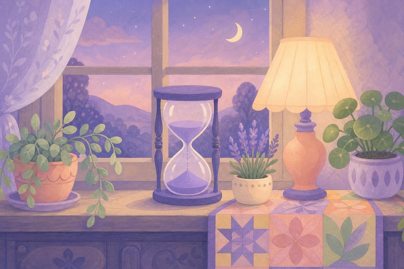 Reloj de arena con arena color lavanda sobre un alféizar rodeado de plantas (imagen generada con AI)