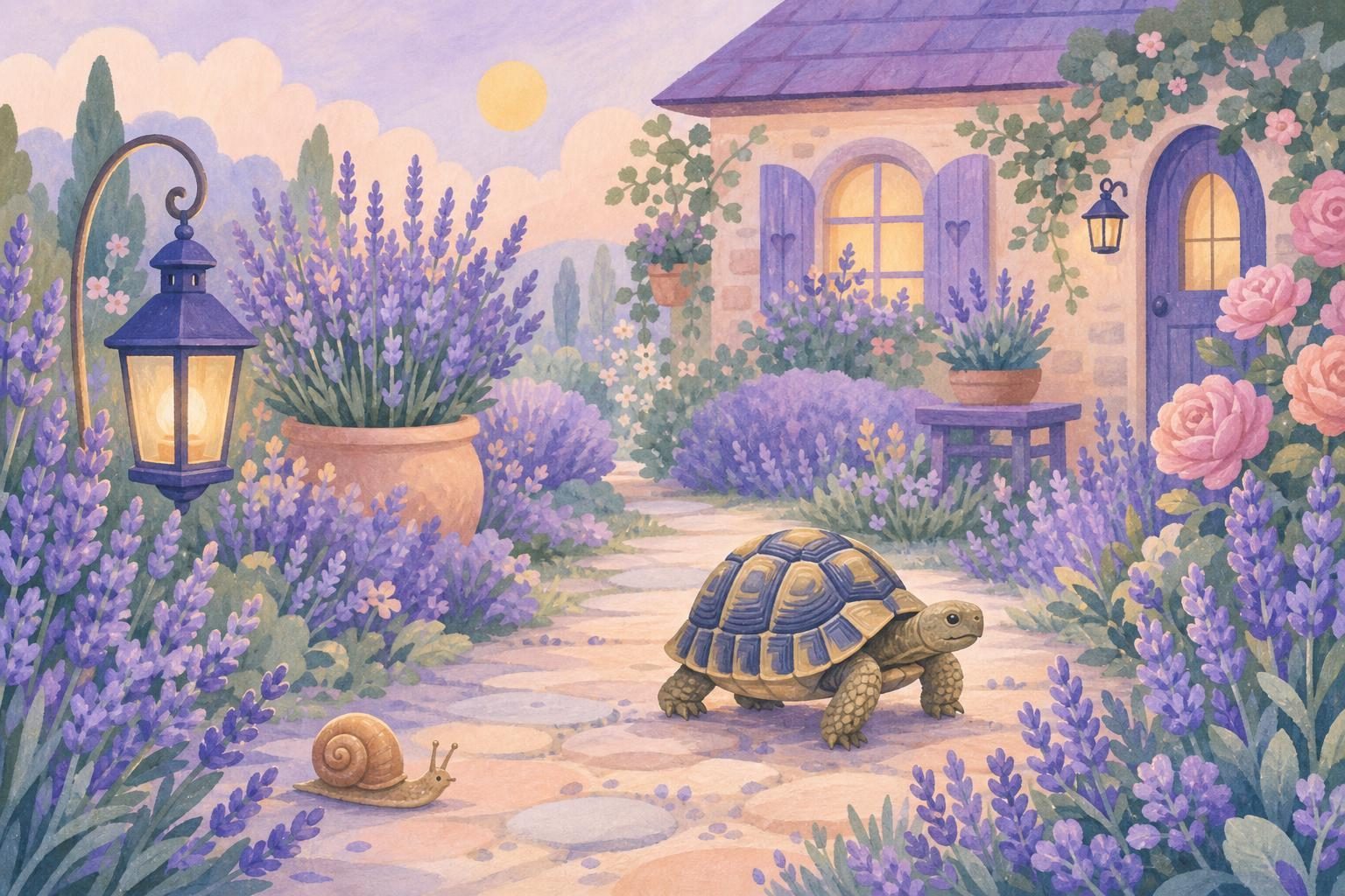 Pequeña tortuga caminando despacio por un sendero de jardín bordeado de lavanda (imagen generada con AI)