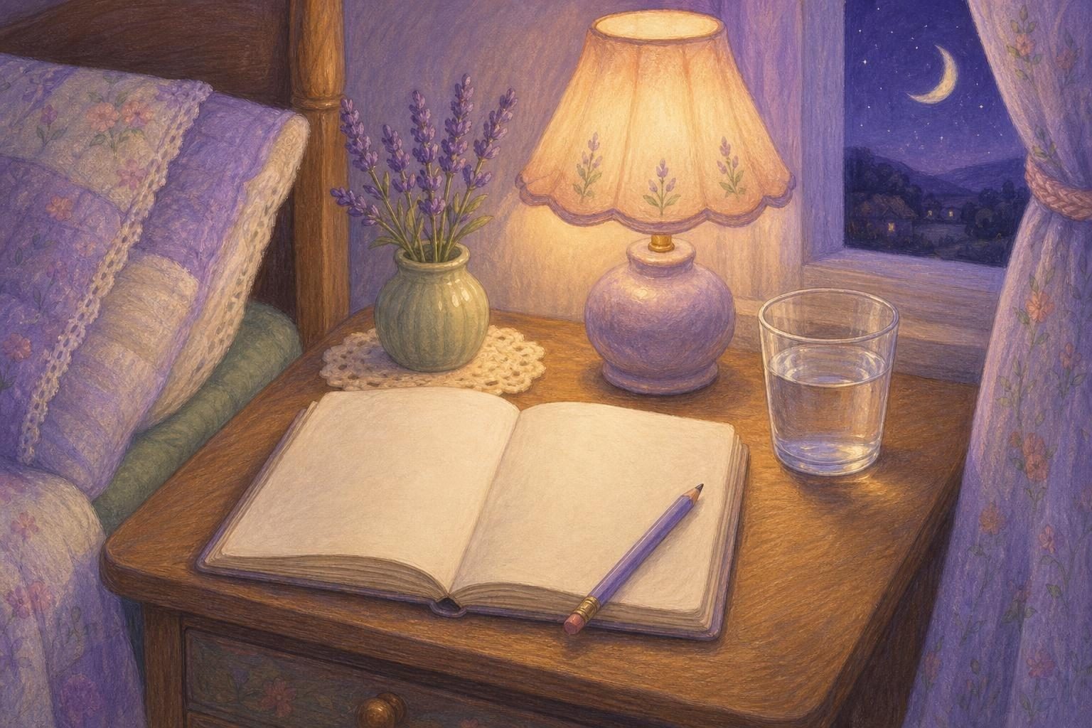 Cuaderno abierto y un lápiz sobre una mesilla de noche de madera, junto a un vaso de agua y una lamparita de luz cálida (imagen generada con AI)