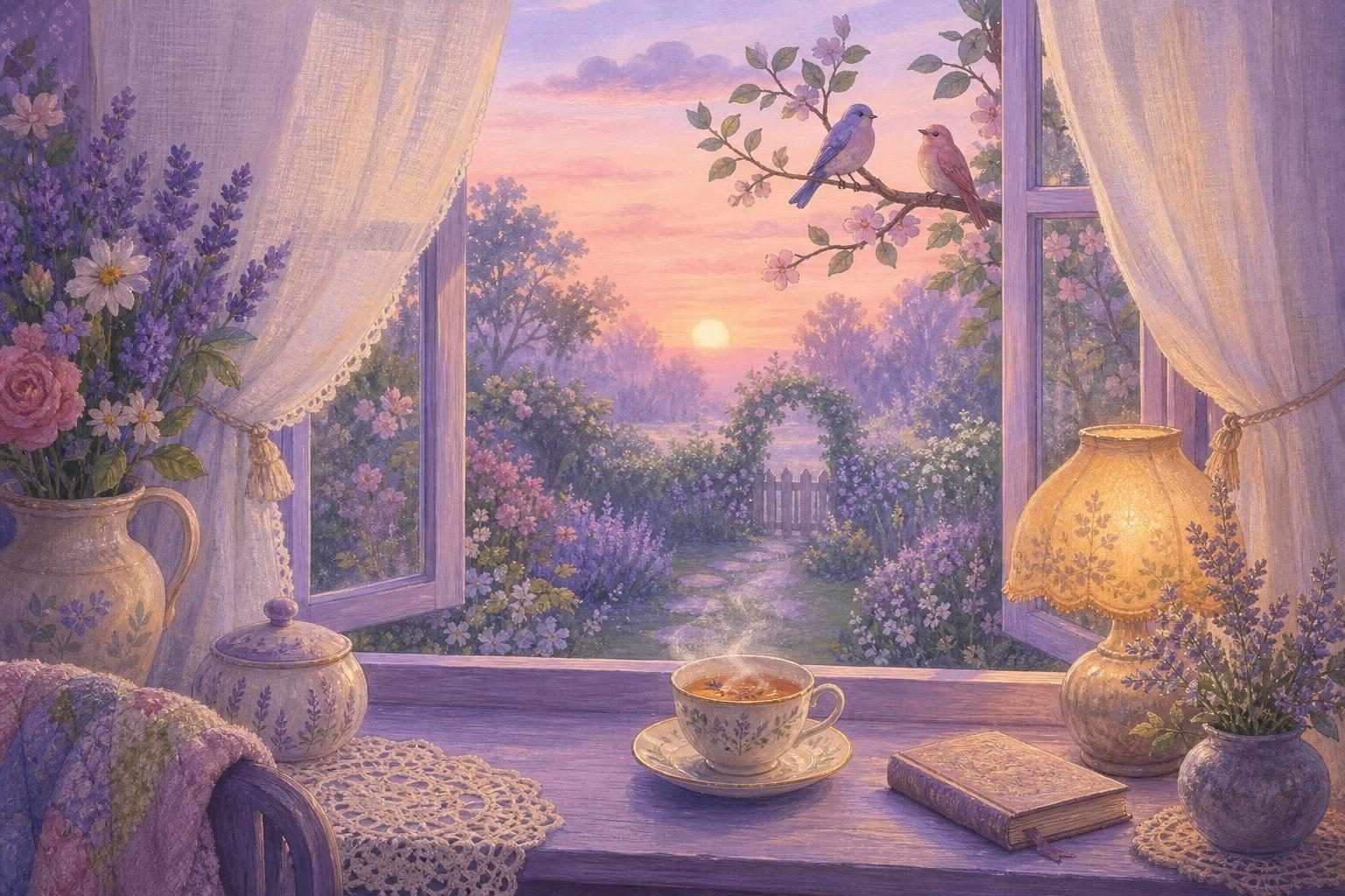 Ventana con cortinas de lino abierta a un amanecer rosado sobre un jardín, con una taza de infusión humeante en el alféizar (imagen generada con AI)