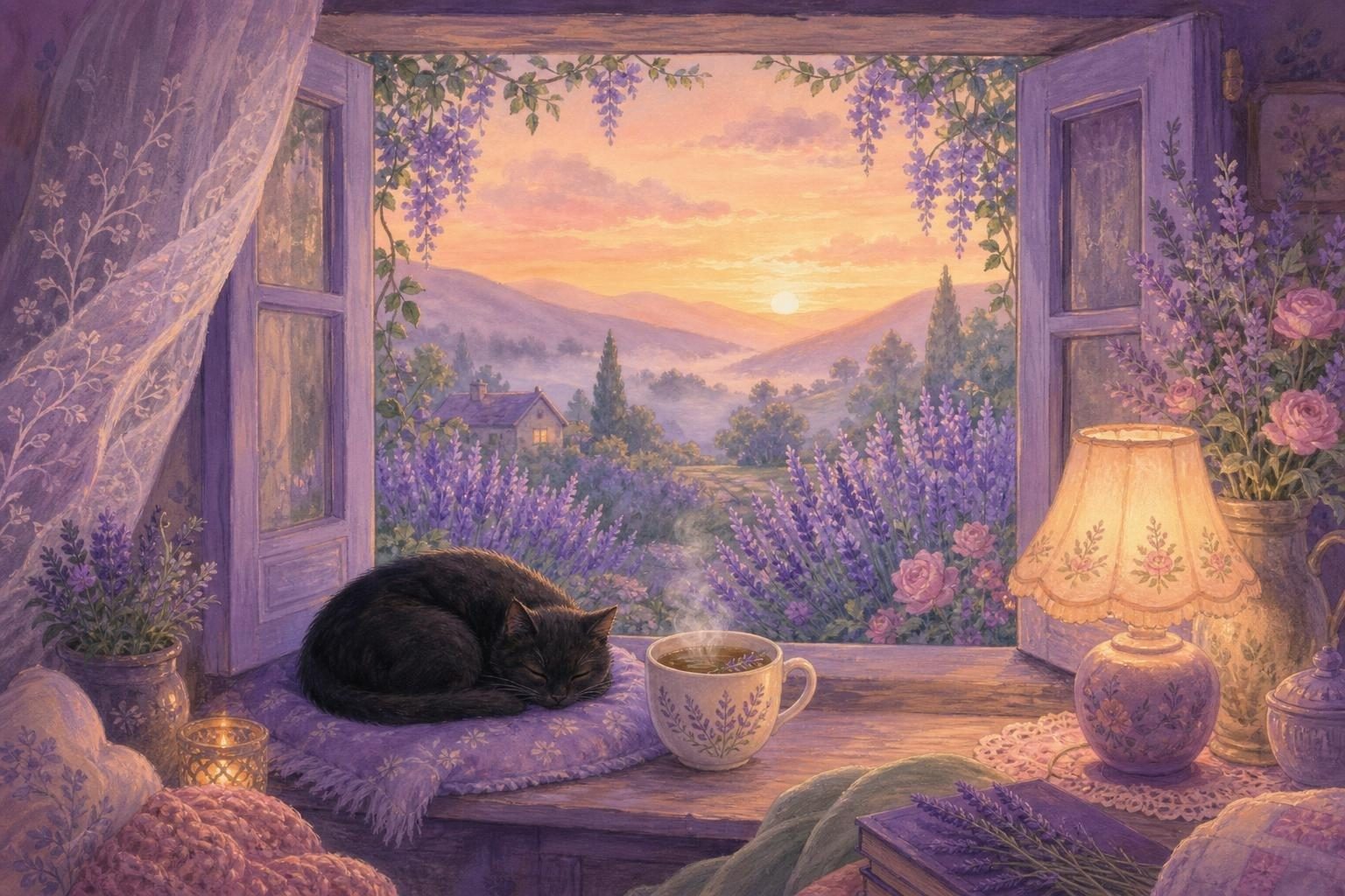 Ventana abierta al amanecer sobre un jardín de lavanda, con una taza de infusión en el alféizar y un gato negro dormido (imagen generada con AI)