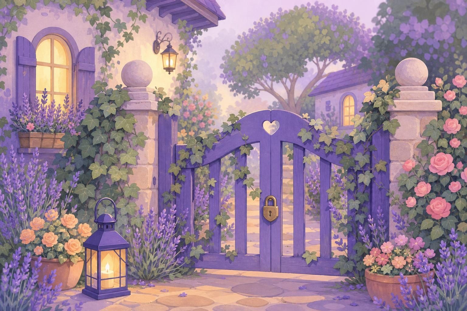 Pequeño candado cerrado en una verja de jardín envuelta en hiedra y matas de lavanda (imagen generada con AI)