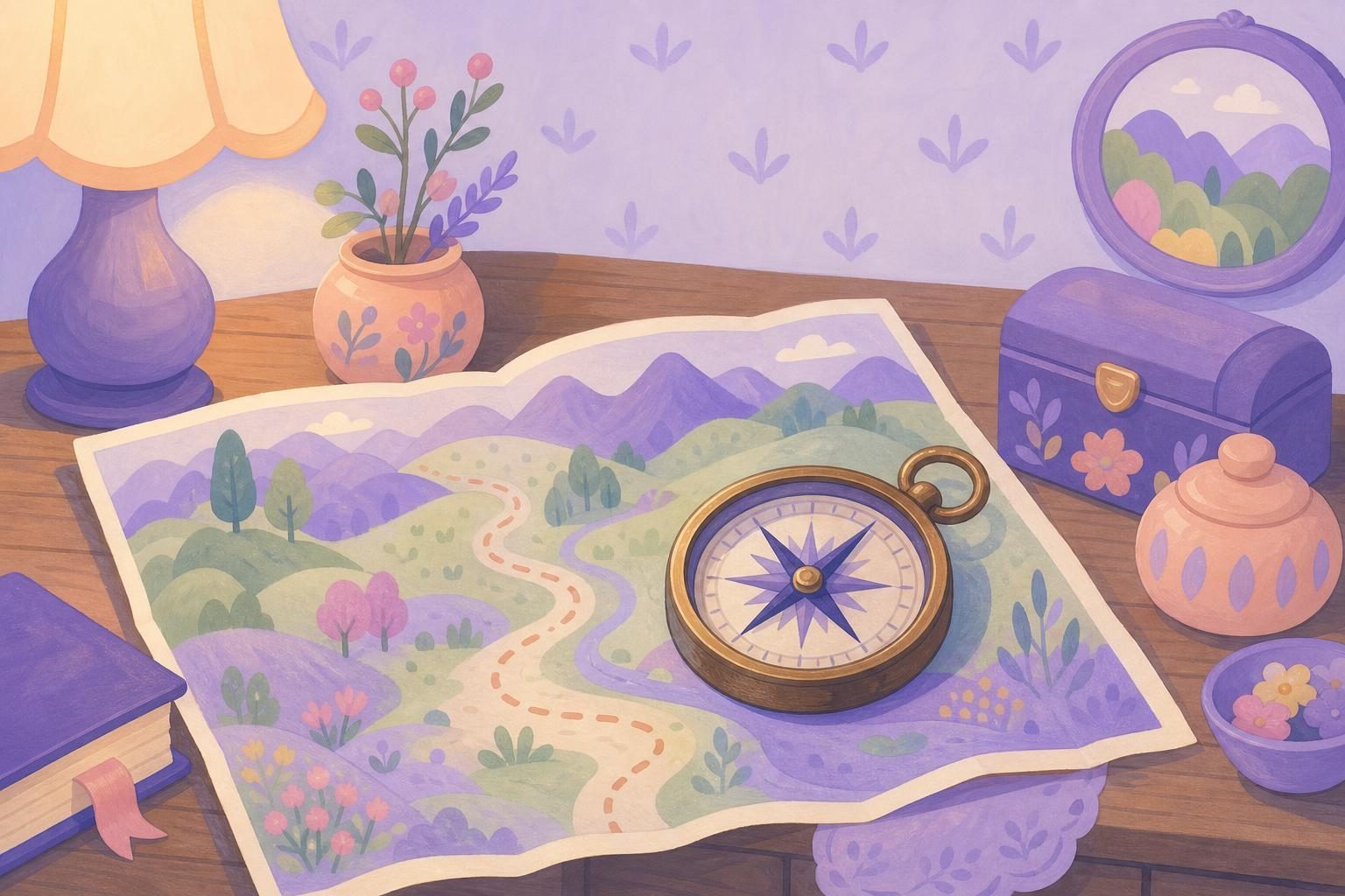 Brújula antigua sobre un mapa dibujado a mano encima de un escritorio de madera (imagen generada con AI)